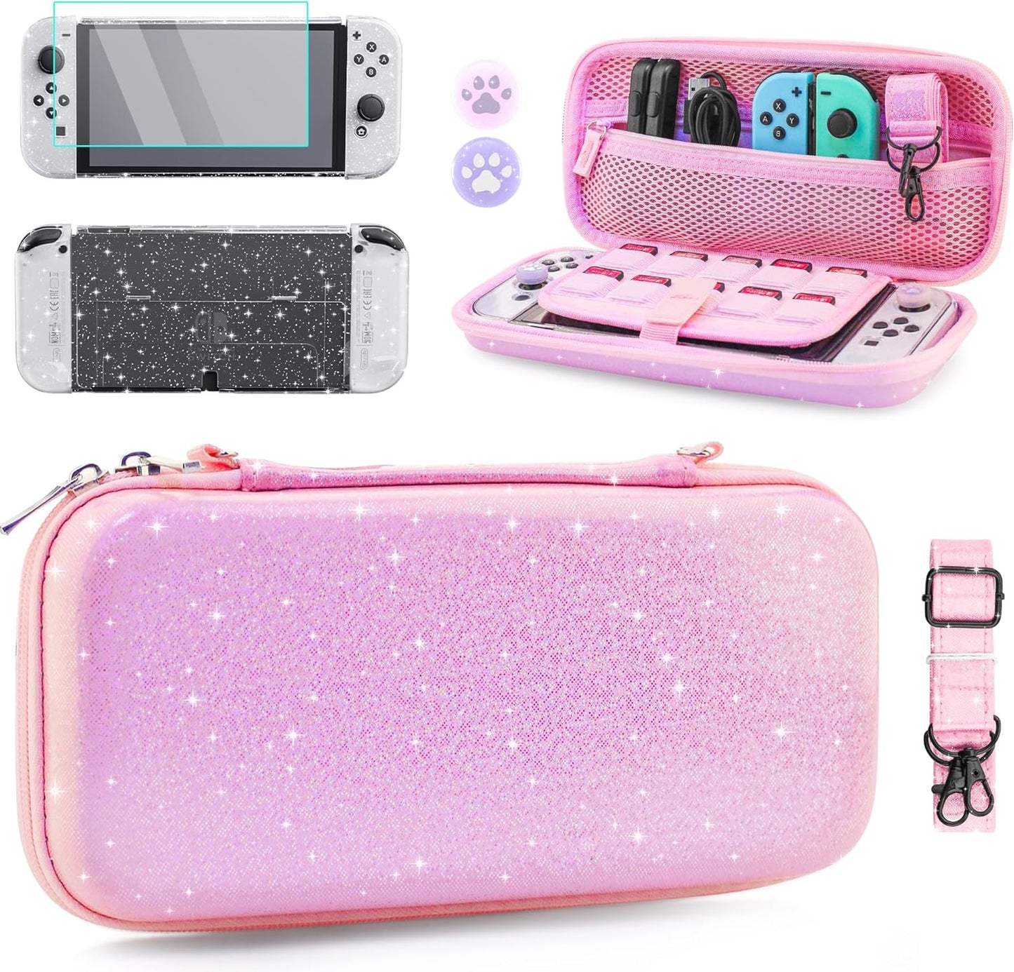 HYPERCASE Pink Glitter Carrying Case for Nintendo Switch OLED