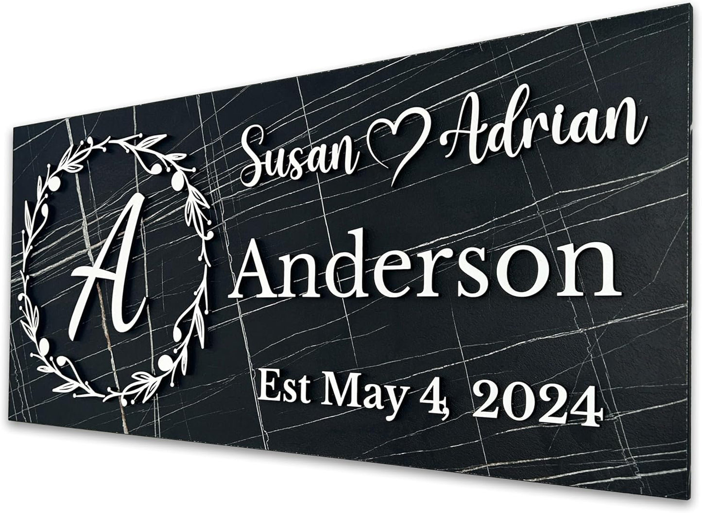 Personalized Black Marble Family Name Sign for Modern Decor
