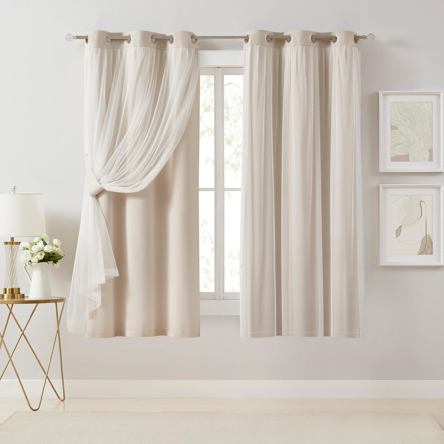 Bujasso Beige 80% Blackout Curtains with Sheer Overlay Panels