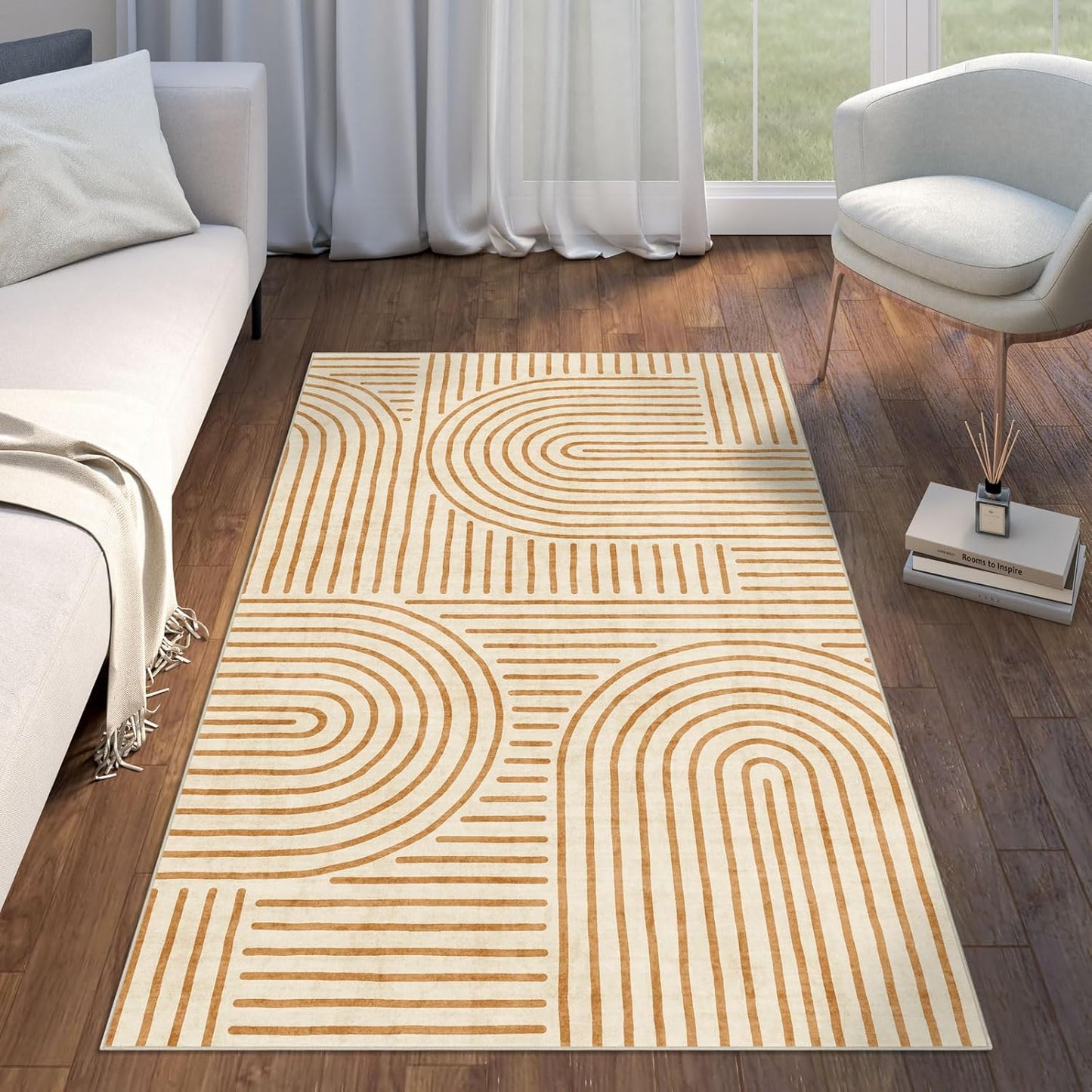 3x5 Washable Area Rug - Non-Slip Orange Abstract Rainbow Design