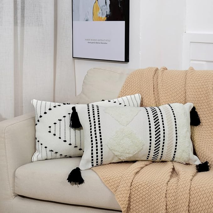 Boho Throw Pillow Covers Set of 2 in Black and Cream White