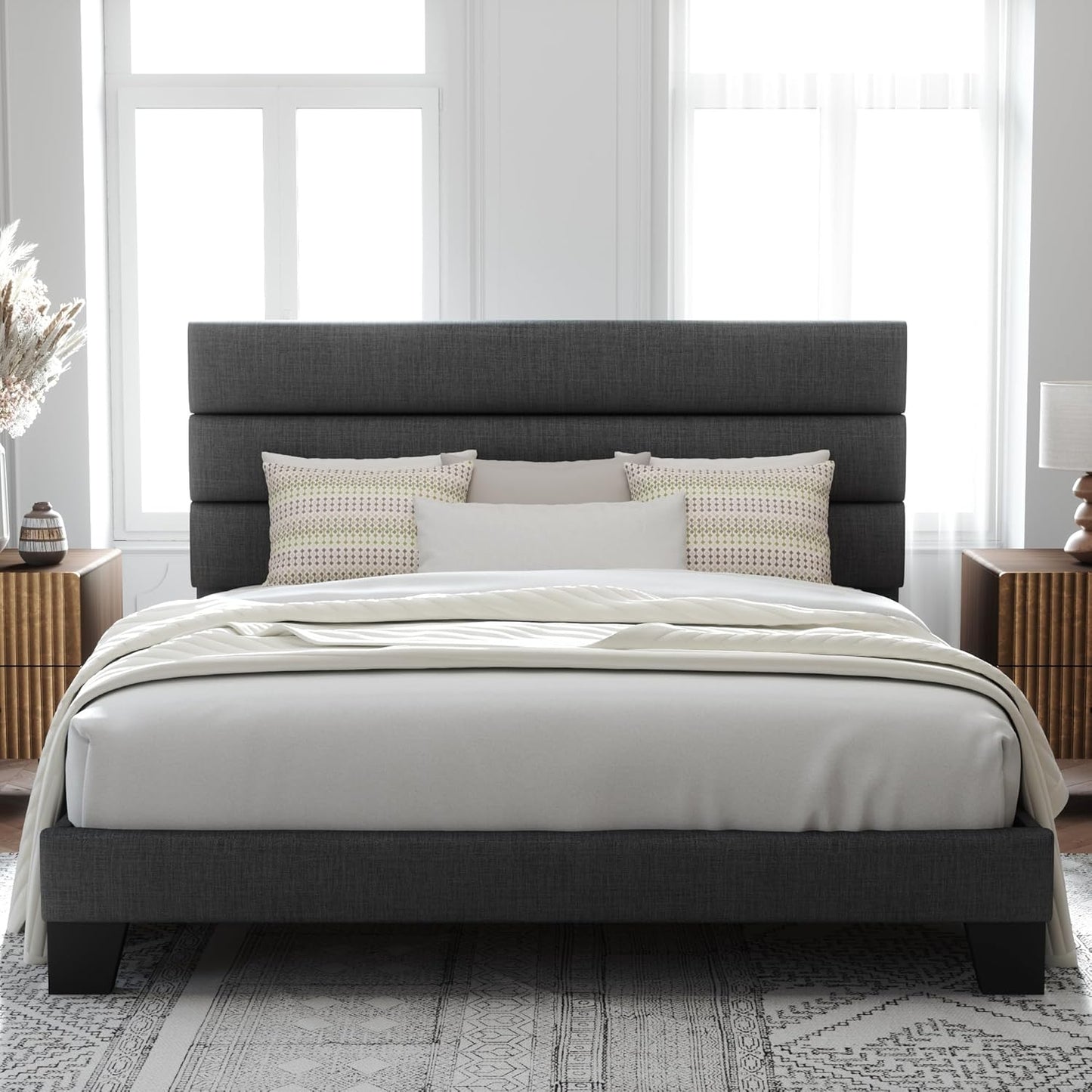 Allewie King Bed Frame with Upholstered Headboard and Support