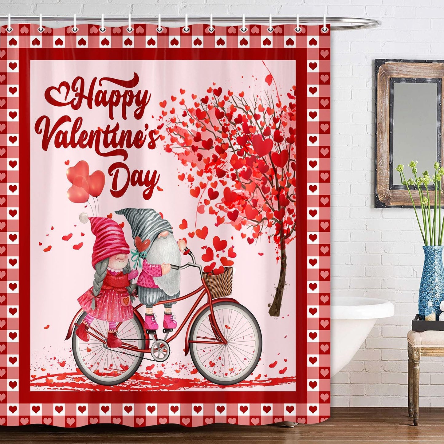 Cute Valentine Gnome Shower Curtain - Love Hearts, 72X72in