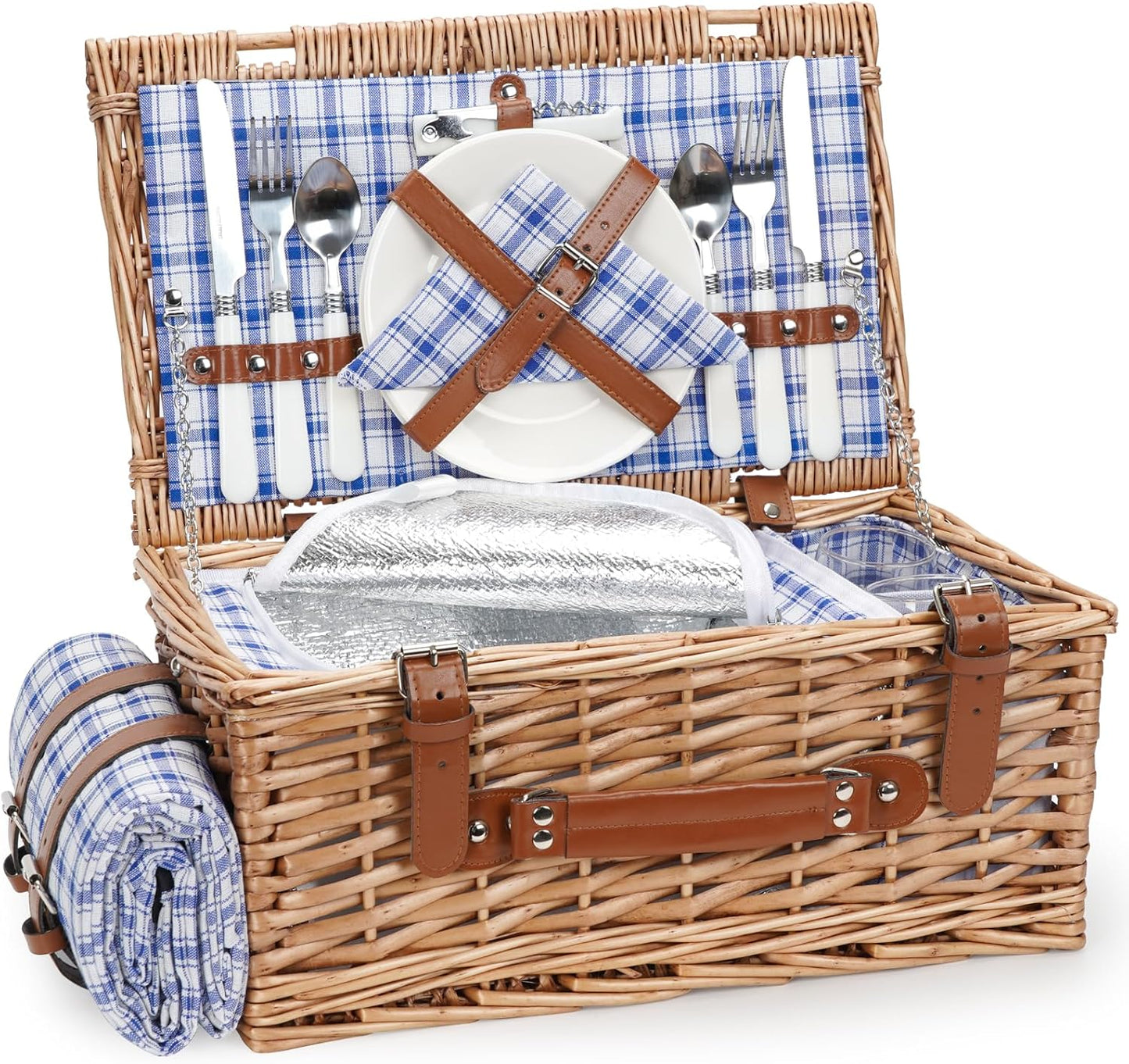 Wicker Picnic Basket Set for 2 with Insulated Cooler & Blanket