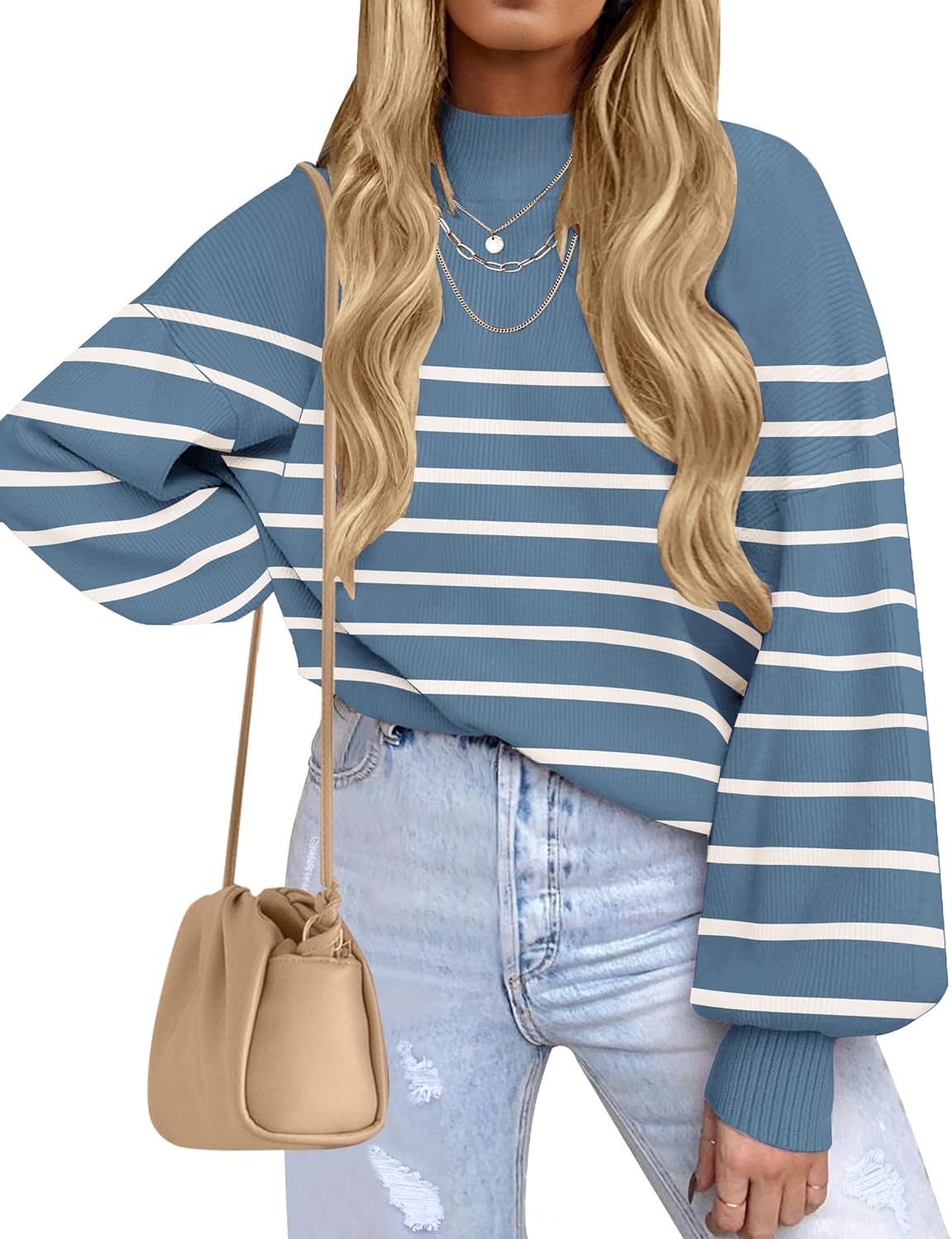 Stylish Turtleneck Long Sleeve Striped Pullover Sweater Tops