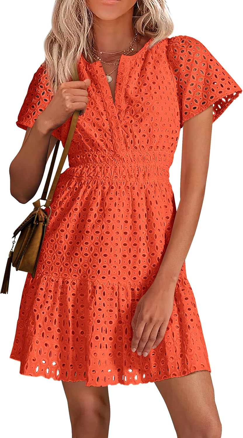 PRETTYGARDEN Summer Short Dress V Neck Lace Ruffle Casual Style