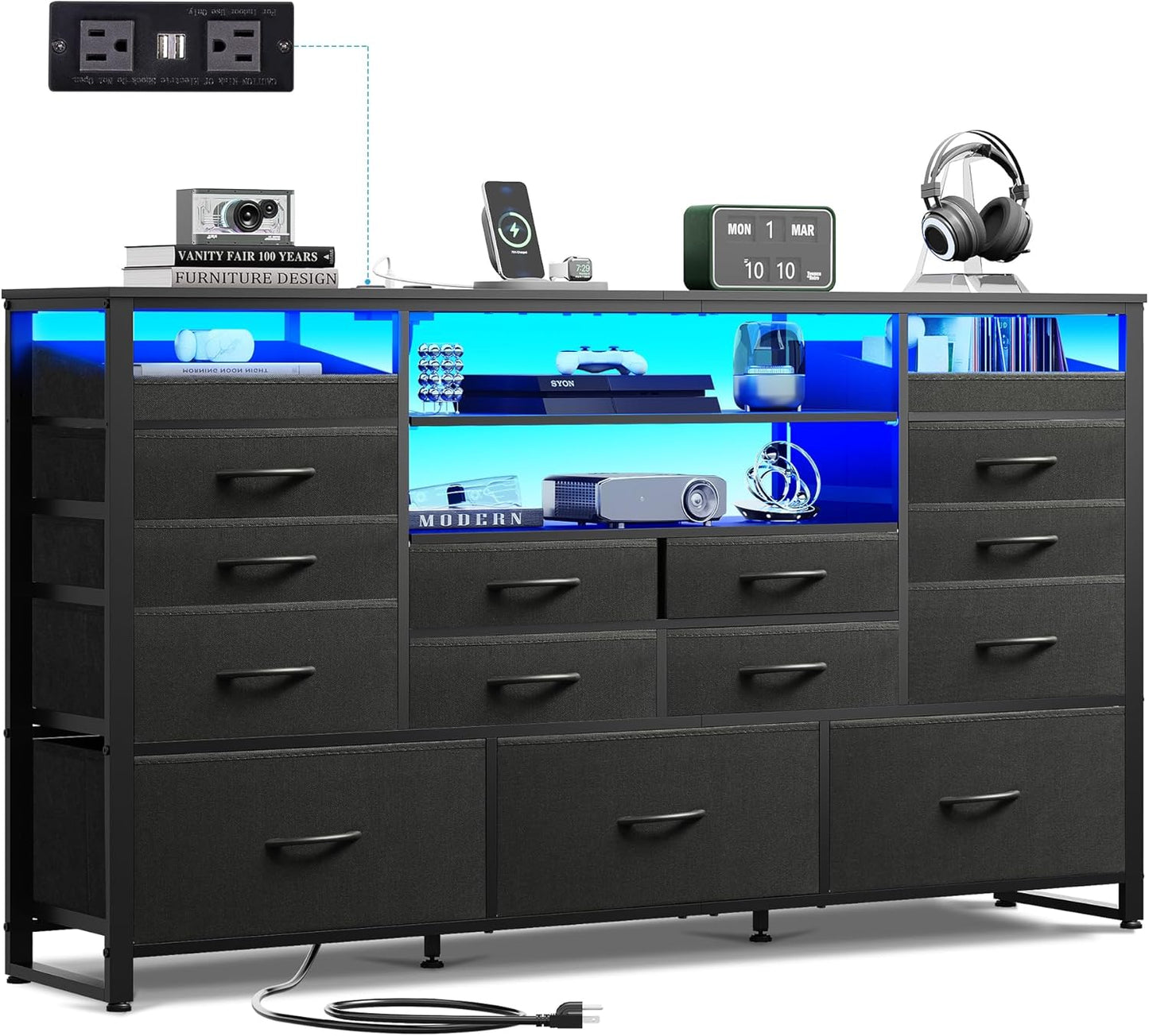 WLIVE Black TV Stand for 55 to 65 inch TVs with LED Lights