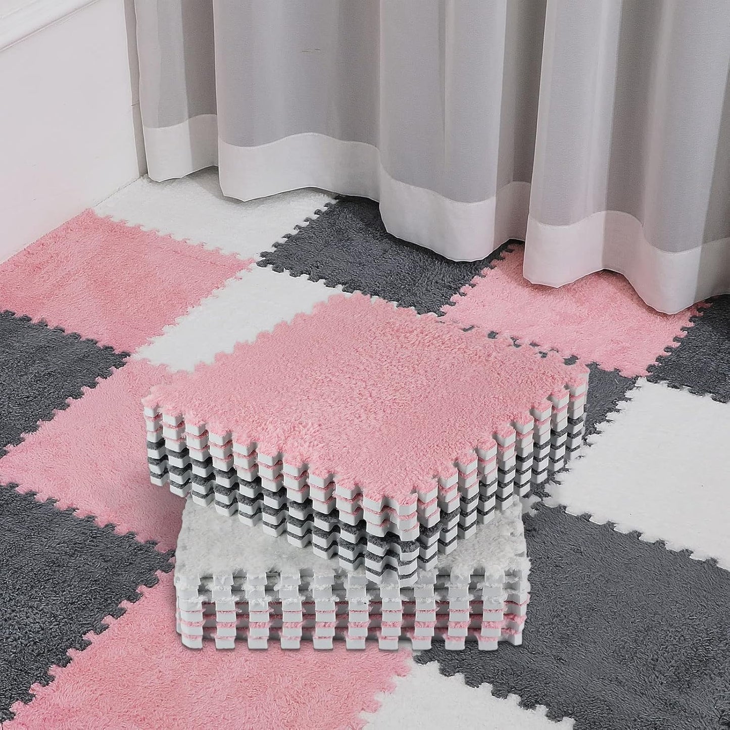 36 Pcs Plush Foam Floor Mat Interlocking Carpet Tiles for Kids