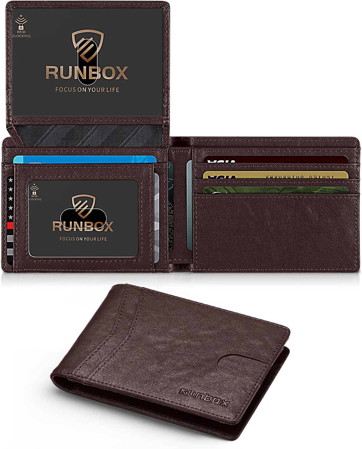 RUNBOX Wallet for Men Slim RFID Leather with 2 ID Windows