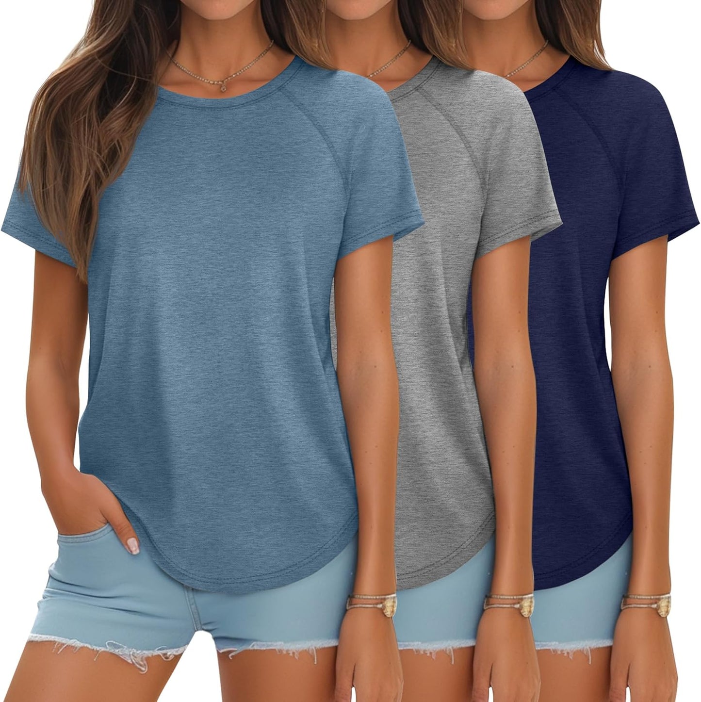 Ficerd 3 Pcs Women Short Sleeve Shirts for Summer Style