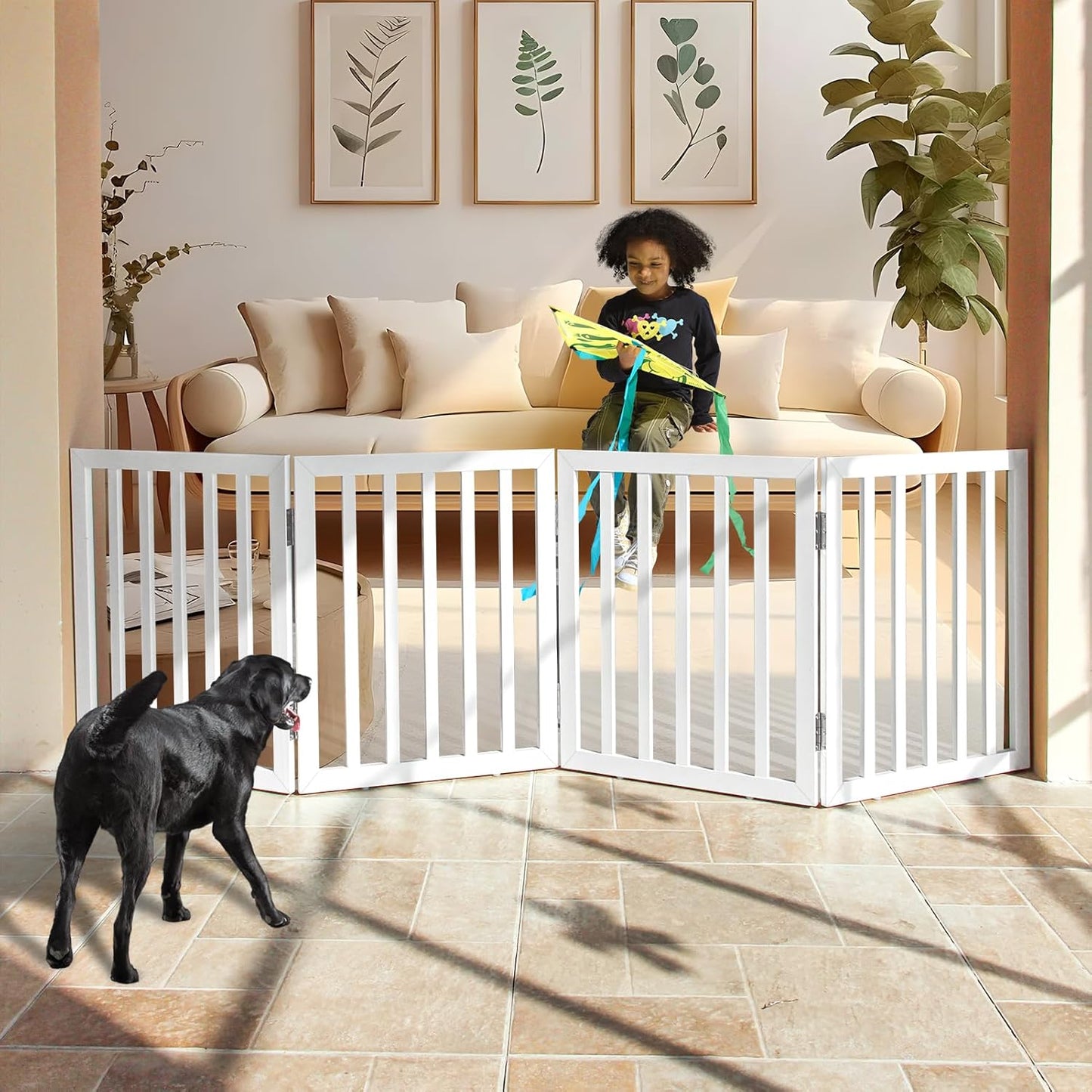 ZJSF Freestanding Indoor Dog Gate - Foldable Wooden Pet Fence