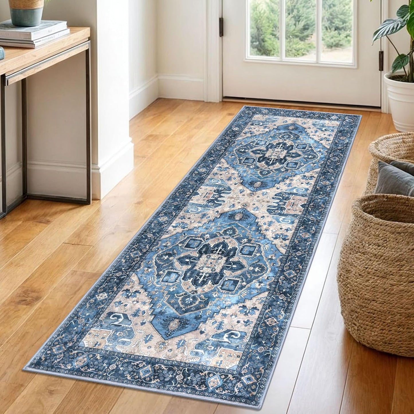 2x6 Blue Washable Runner Rug for Hallways and Entryways