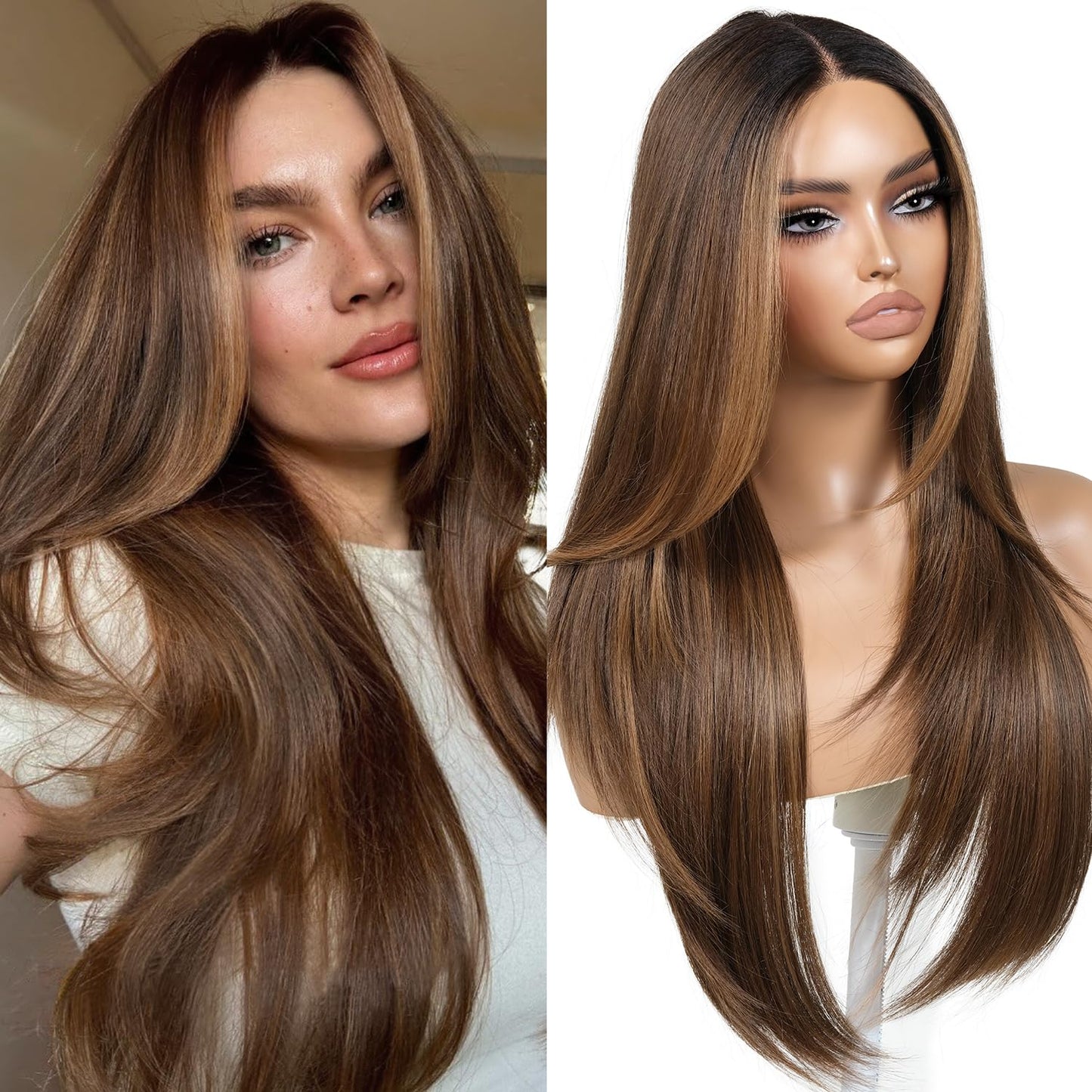 Brown and Blonde Highlight Glueless Wig with Bangs for Women