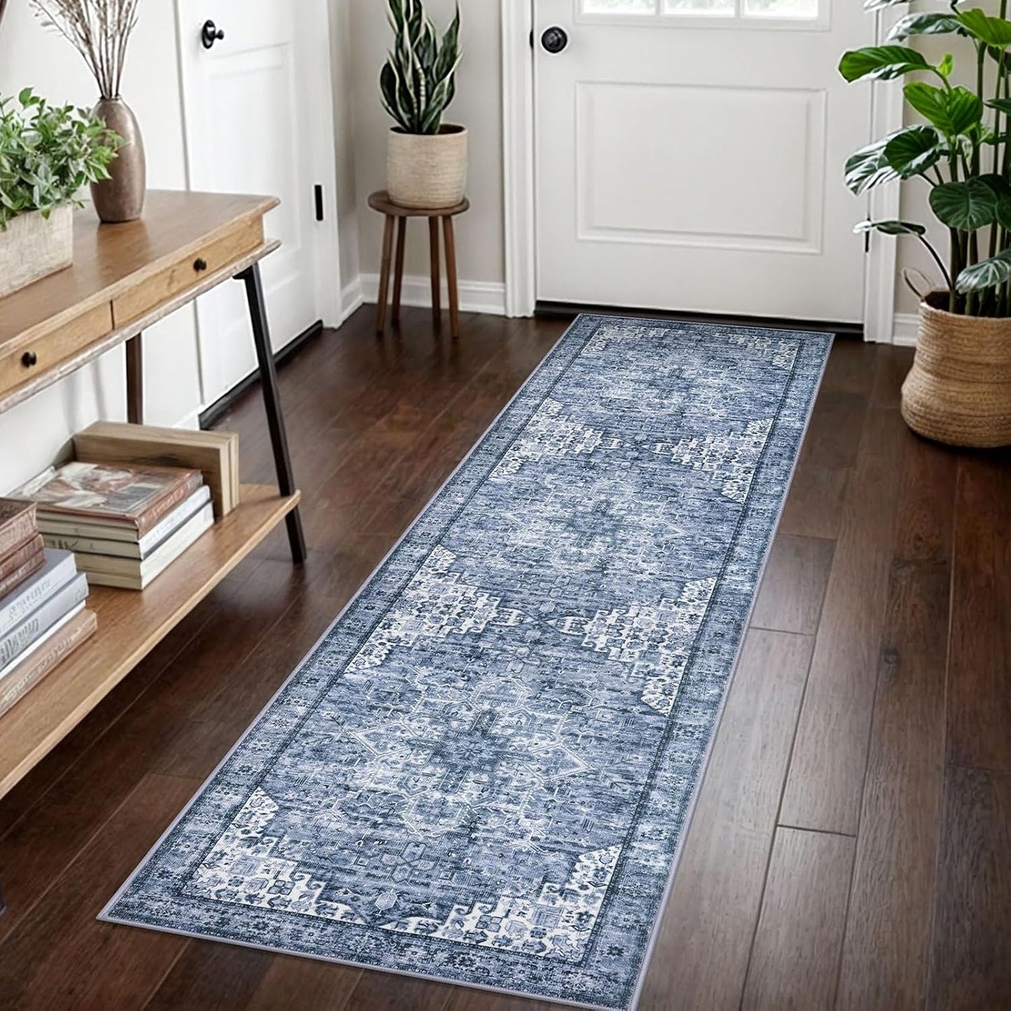 2x7 Blue Washable Rug for Entryway, Soft Non-Slip Kitchen Mat
