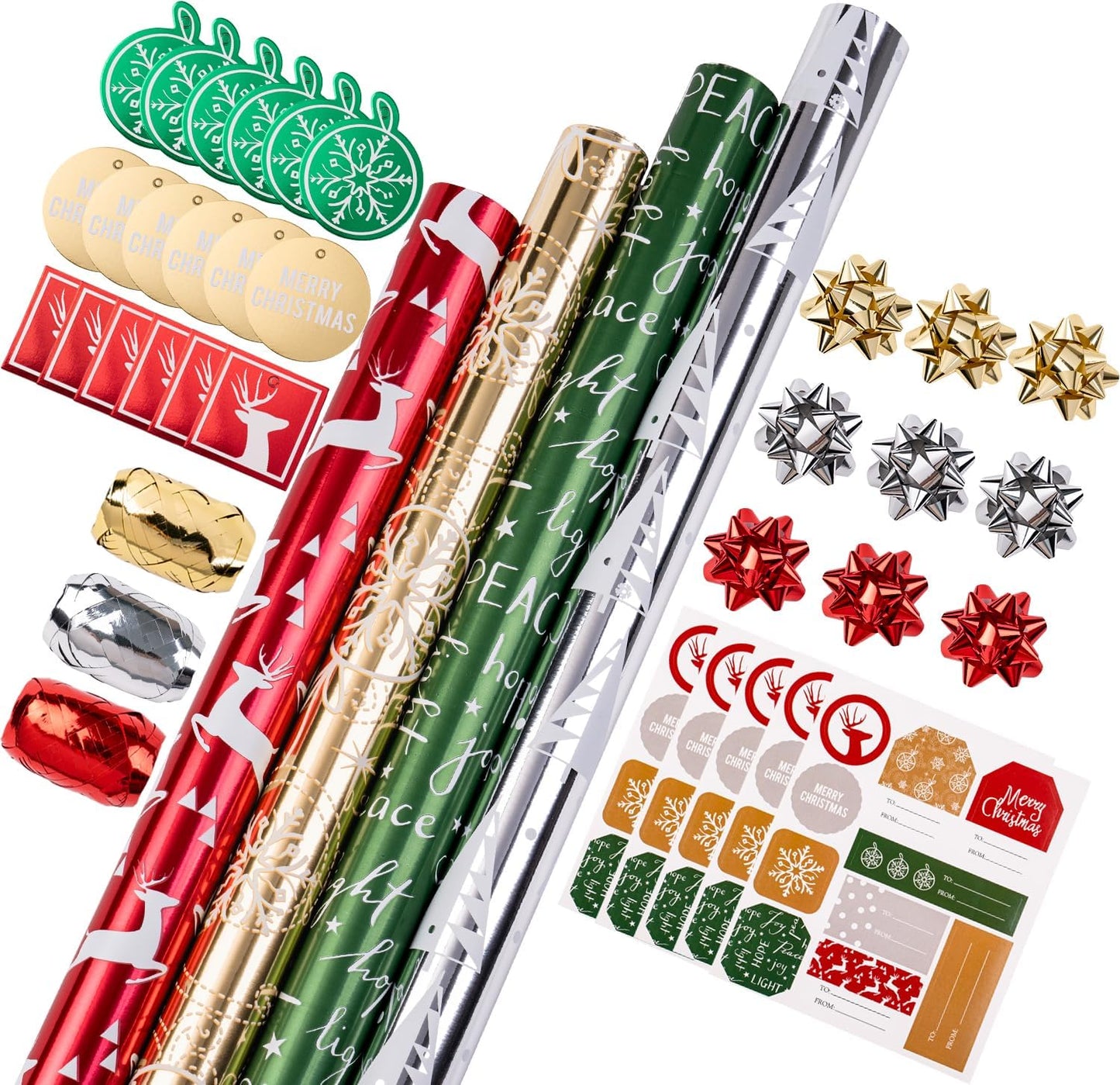 WRAPAHOLIC Christmas Wrapping Paper Set with Bows and Ribbons
