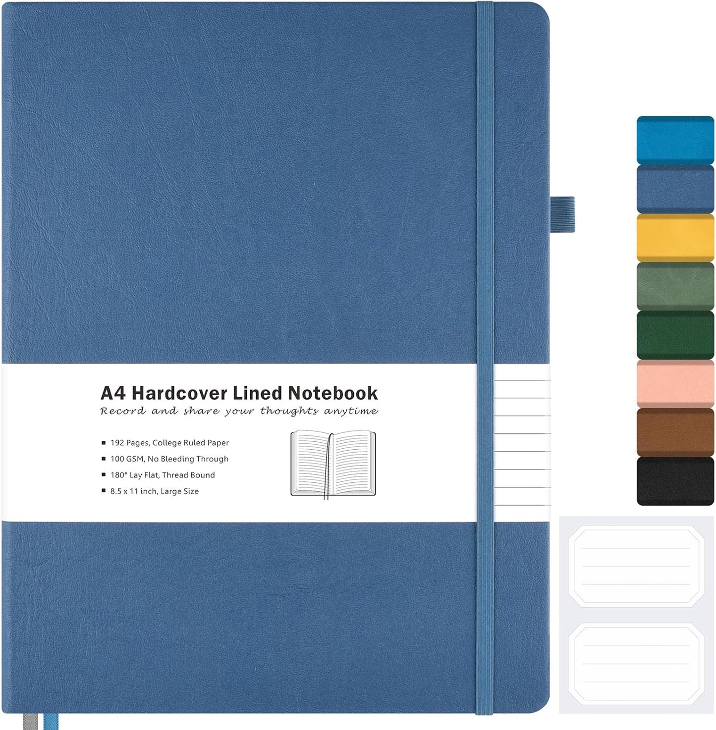 Professional A4 Leather Journal, 192 Thick Pages, Large with Pockets - Blue