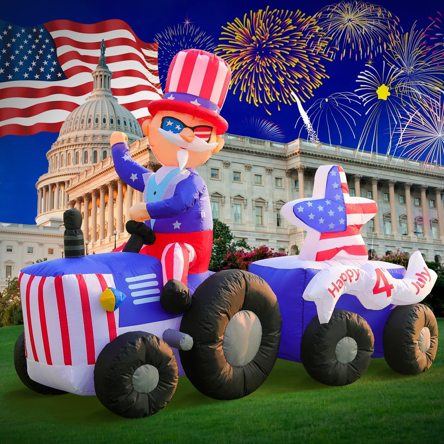 6FT Patriotic Independence Day Inflatable Uncle Sam Tractor