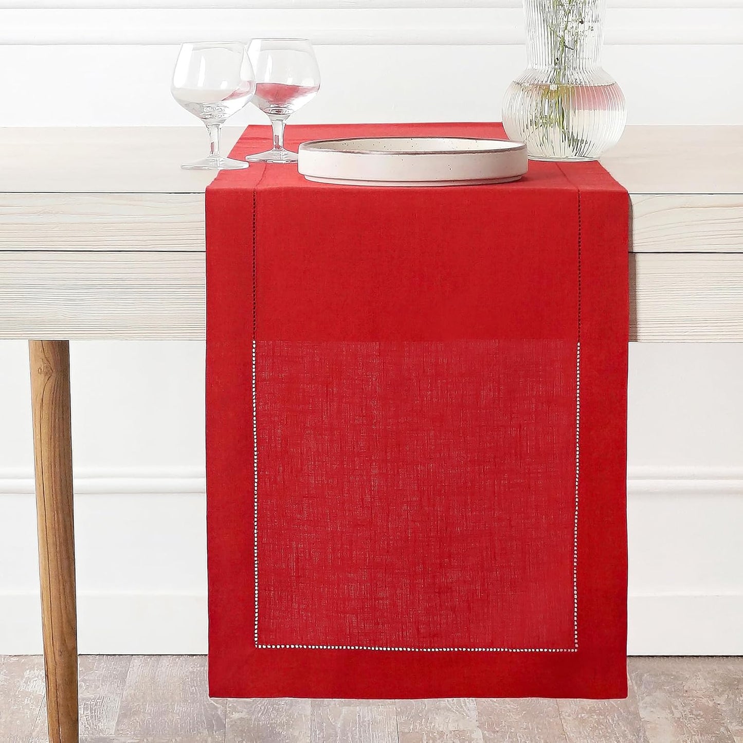 Bright Red Linen Table Runner 14 x 108 Inch for Fall Decor