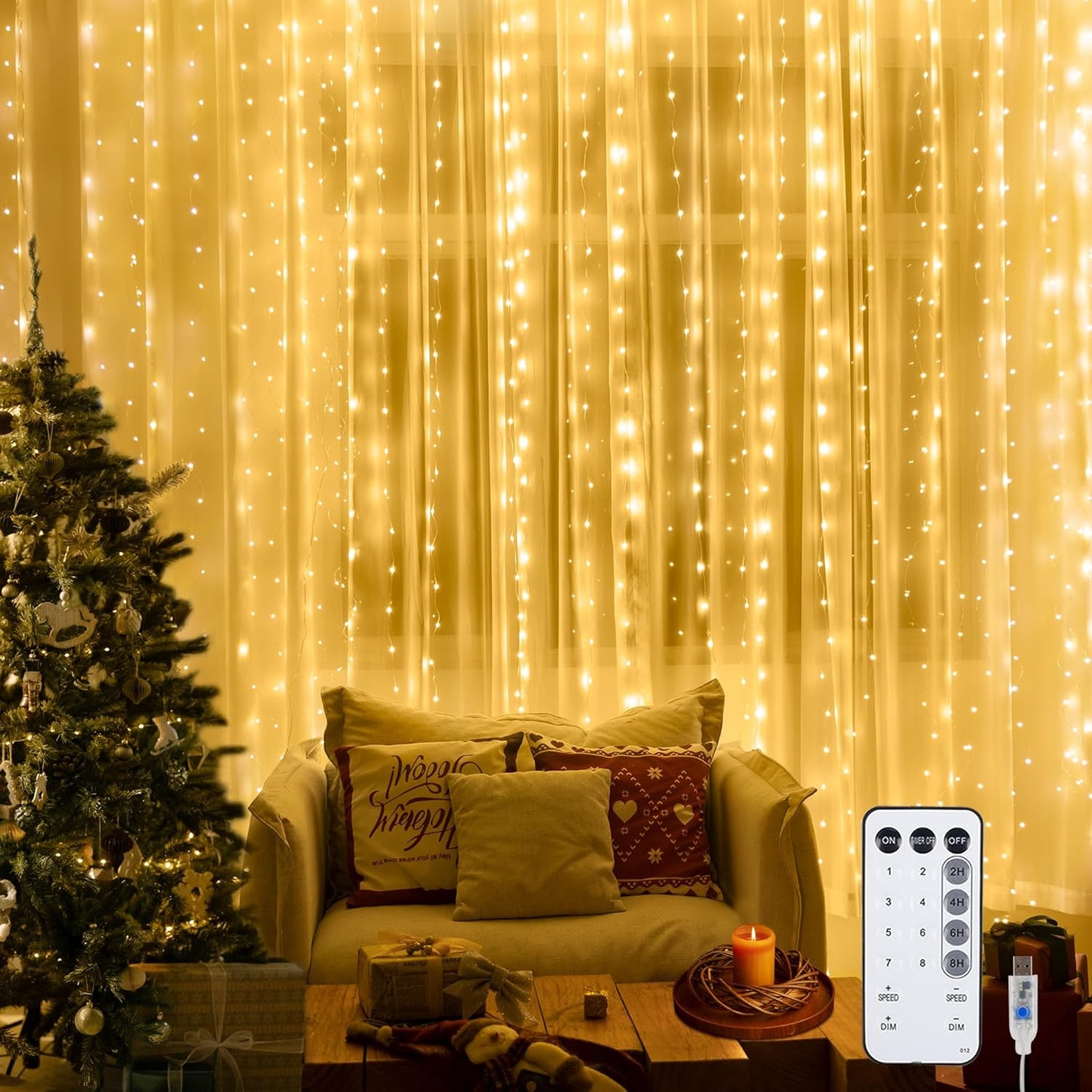 9.8x9.8 Ft Fairy Curtain Lights w/ Remote - 8 Modes, USB Plug-In - NWLIGHT