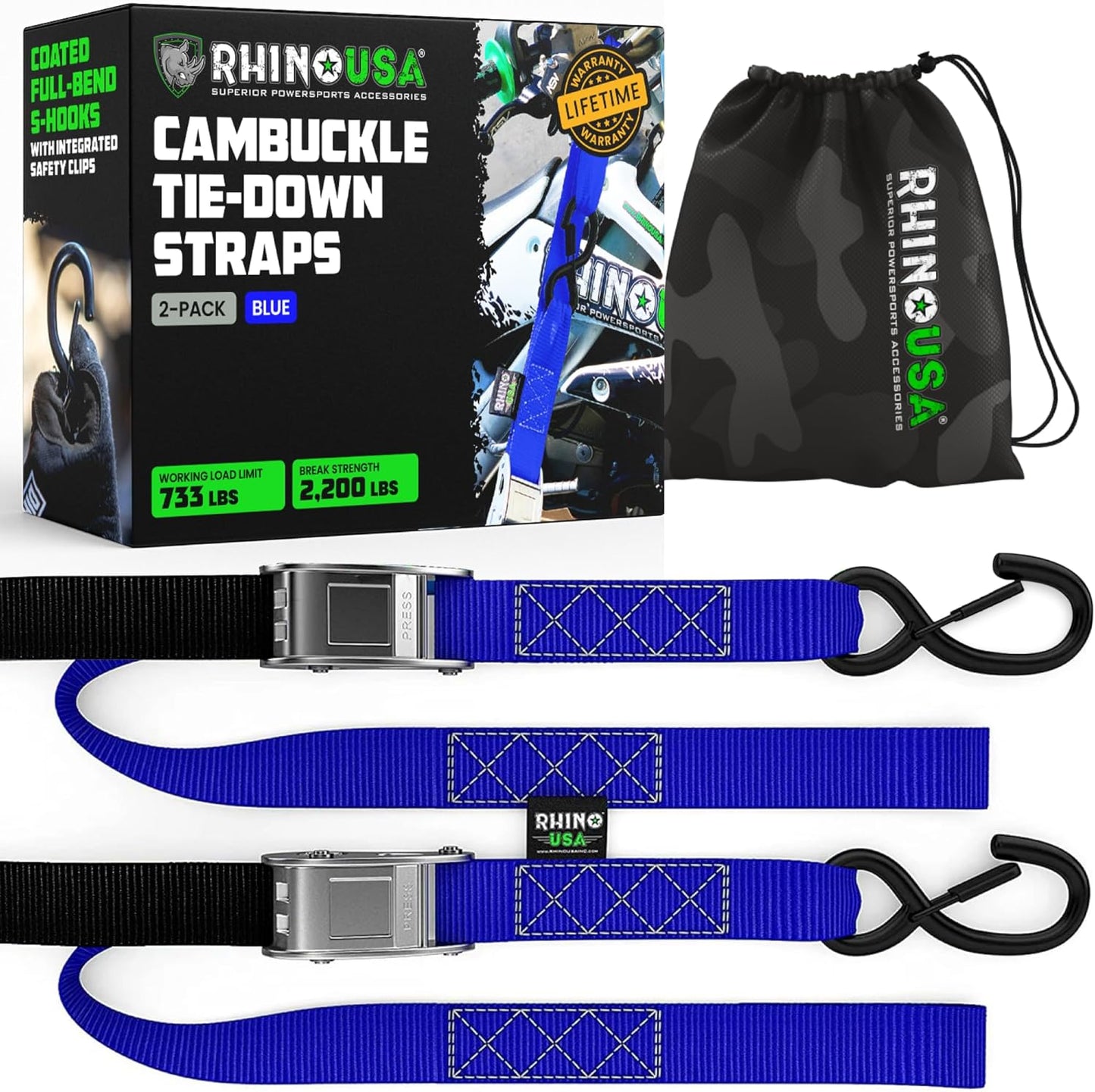 Rhino USA Motorcycle Tie Down Straps - Heavy Duty 2 Pack