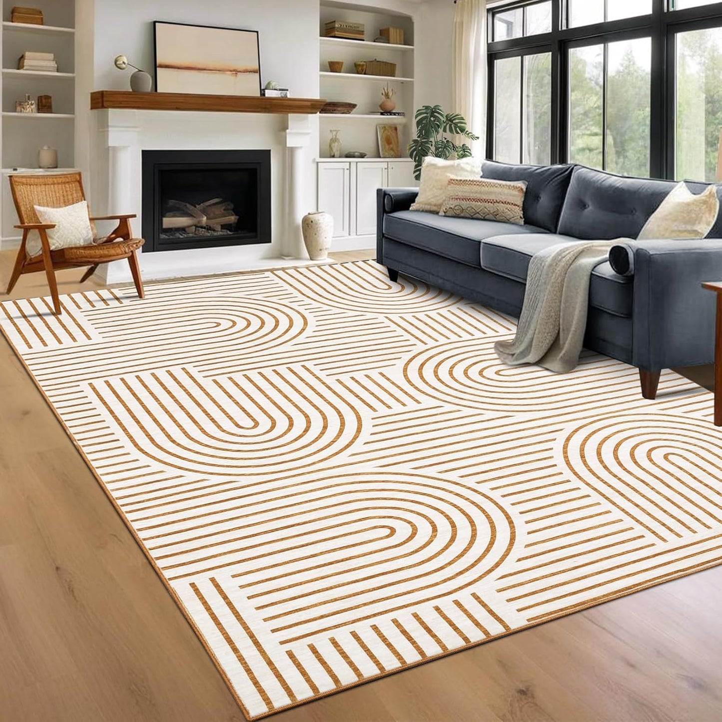 Washable 9x12 Area Rug for Living Room with Unique Rainbow Design