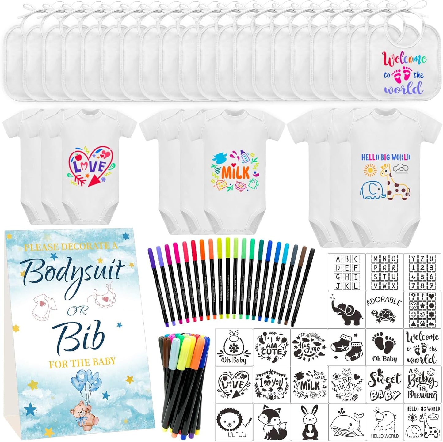 Baby Shower Game Sign Set with Bibs and Bodysuits for Fun