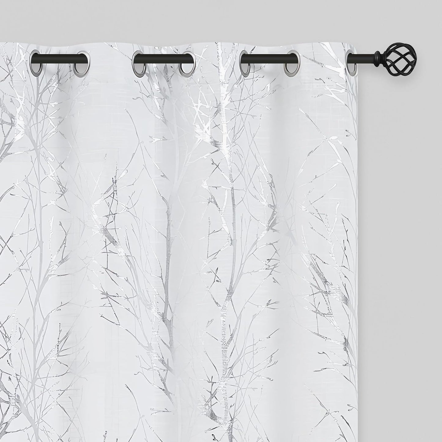 Linen Semi Sheer Curtains with Silver Tree Print for Home Decor