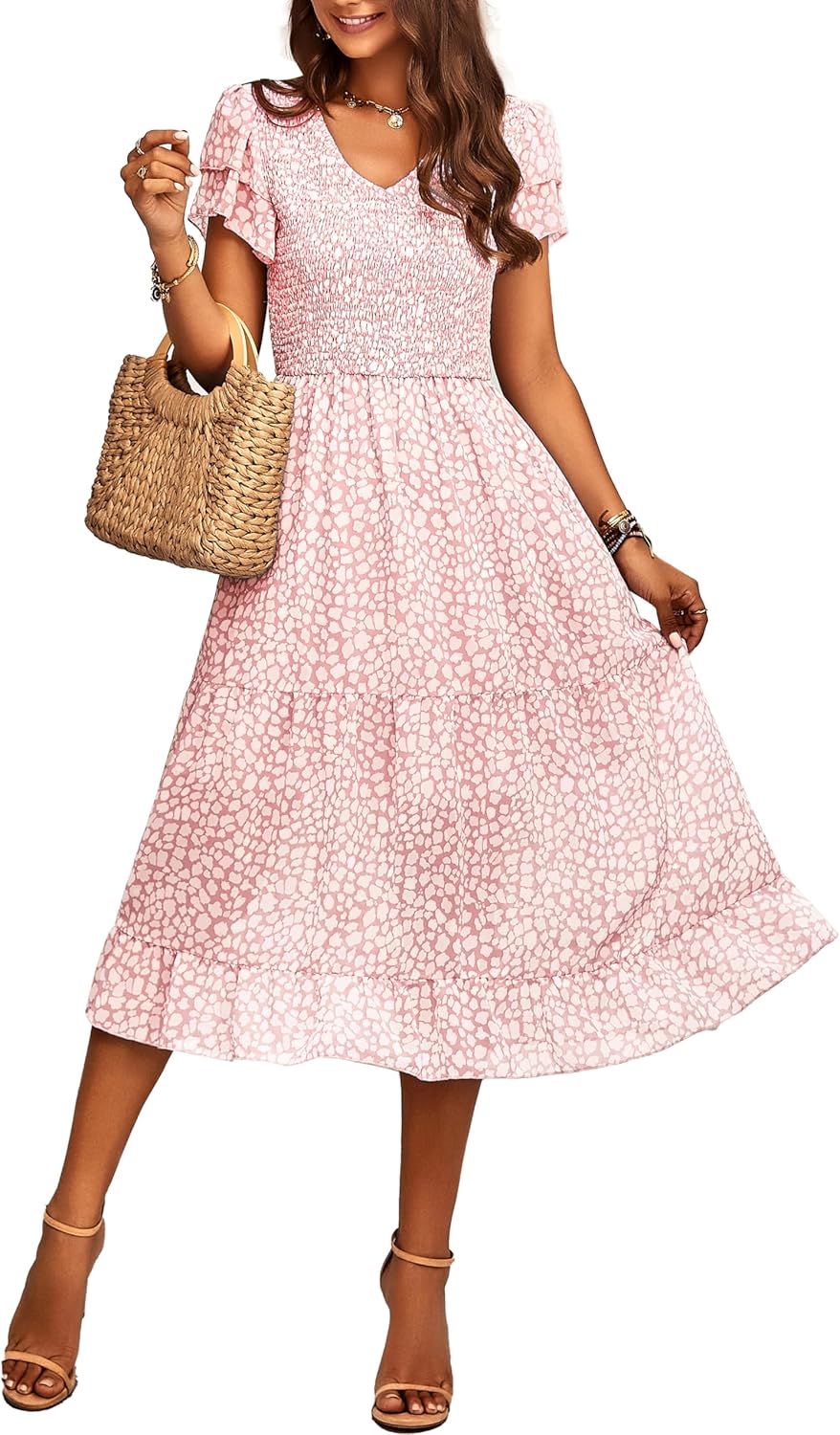 BTFBM Women Casual Summer Ruffles Tiered Sleeve Midi Dress