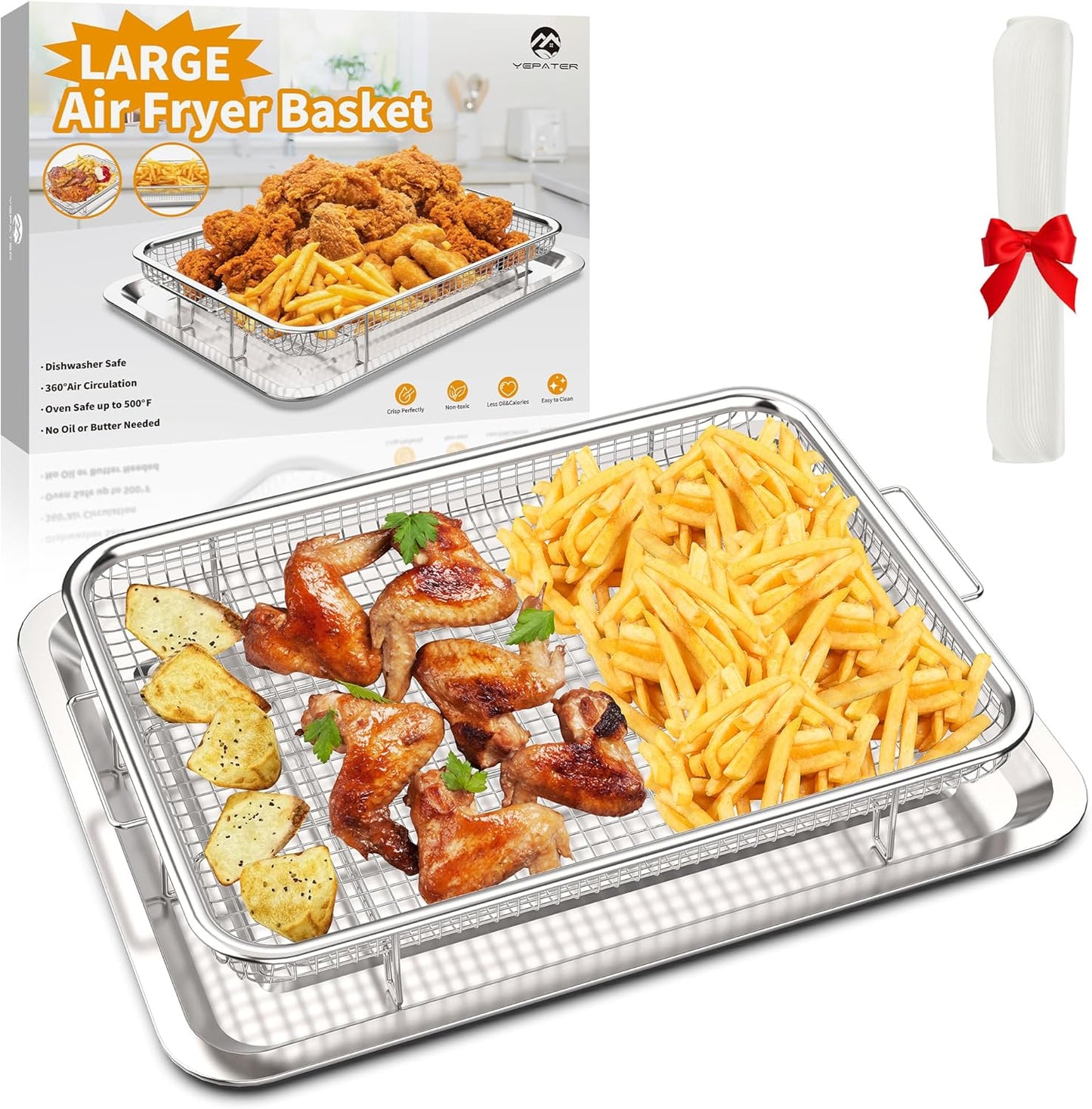 YEPATER Large Stainless Steel Air Fryer Basket Set - Non-Stick with Bonus Accessories