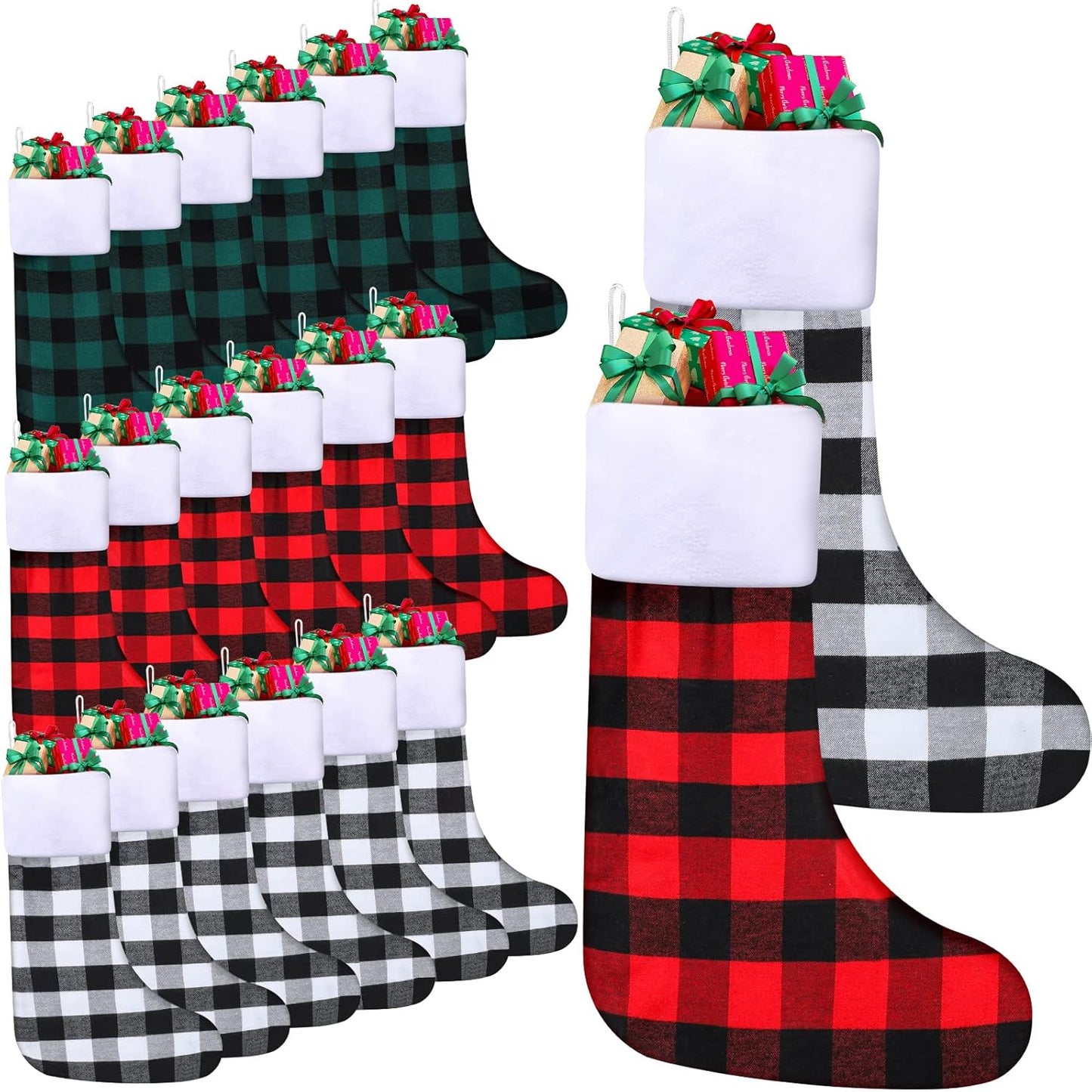 24 Pcs Large Buffalo Plaid Christmas Stockings for Family Decor