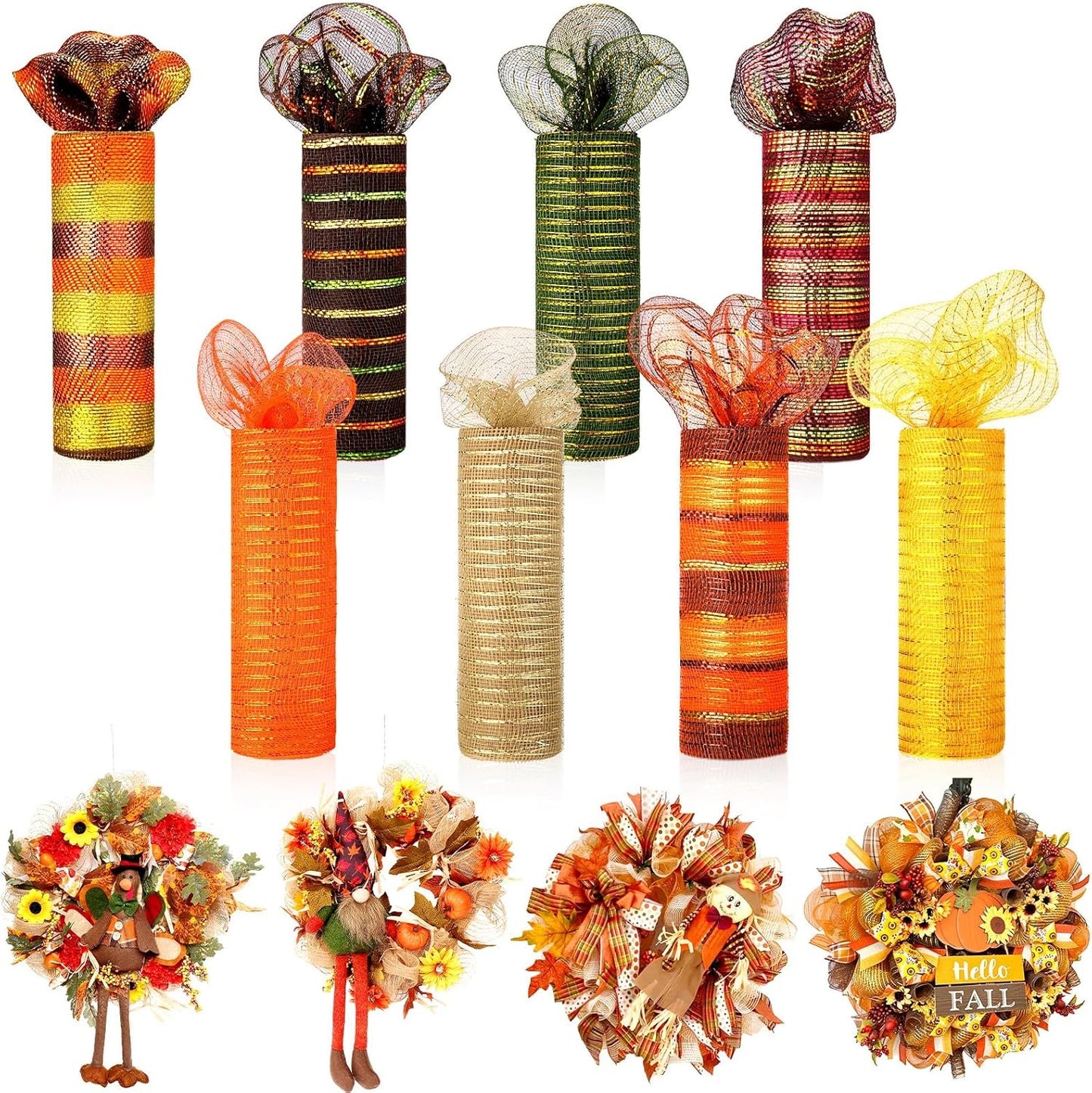 Thanksgiving Mesh Ribbon for Wreaths - 8 Rolls 10 Inch x 30 Feet