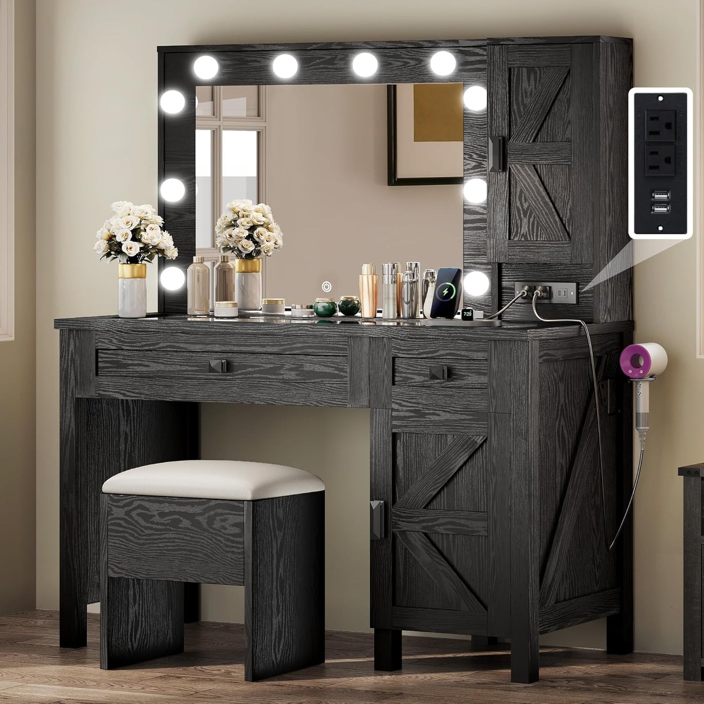 YITAHOME Farmhouse Makeup Vanity Desk with Lights and Storage