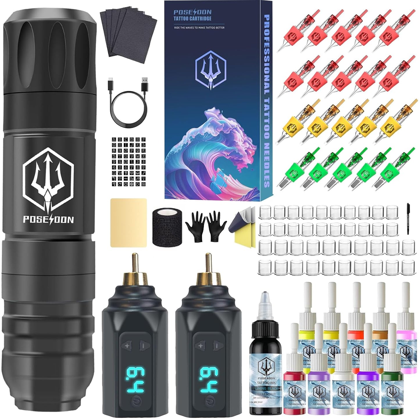 POSEIDON Tattoo Gun Kit - Complete Wireless Tattoo Supplies