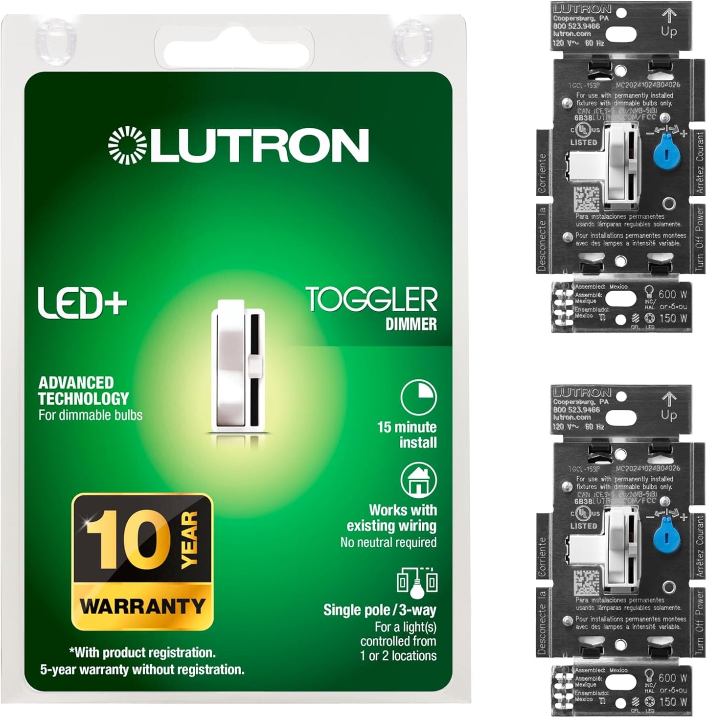 Lutron Toggler LED+ Dimmer Switch for Dimmable LED and More