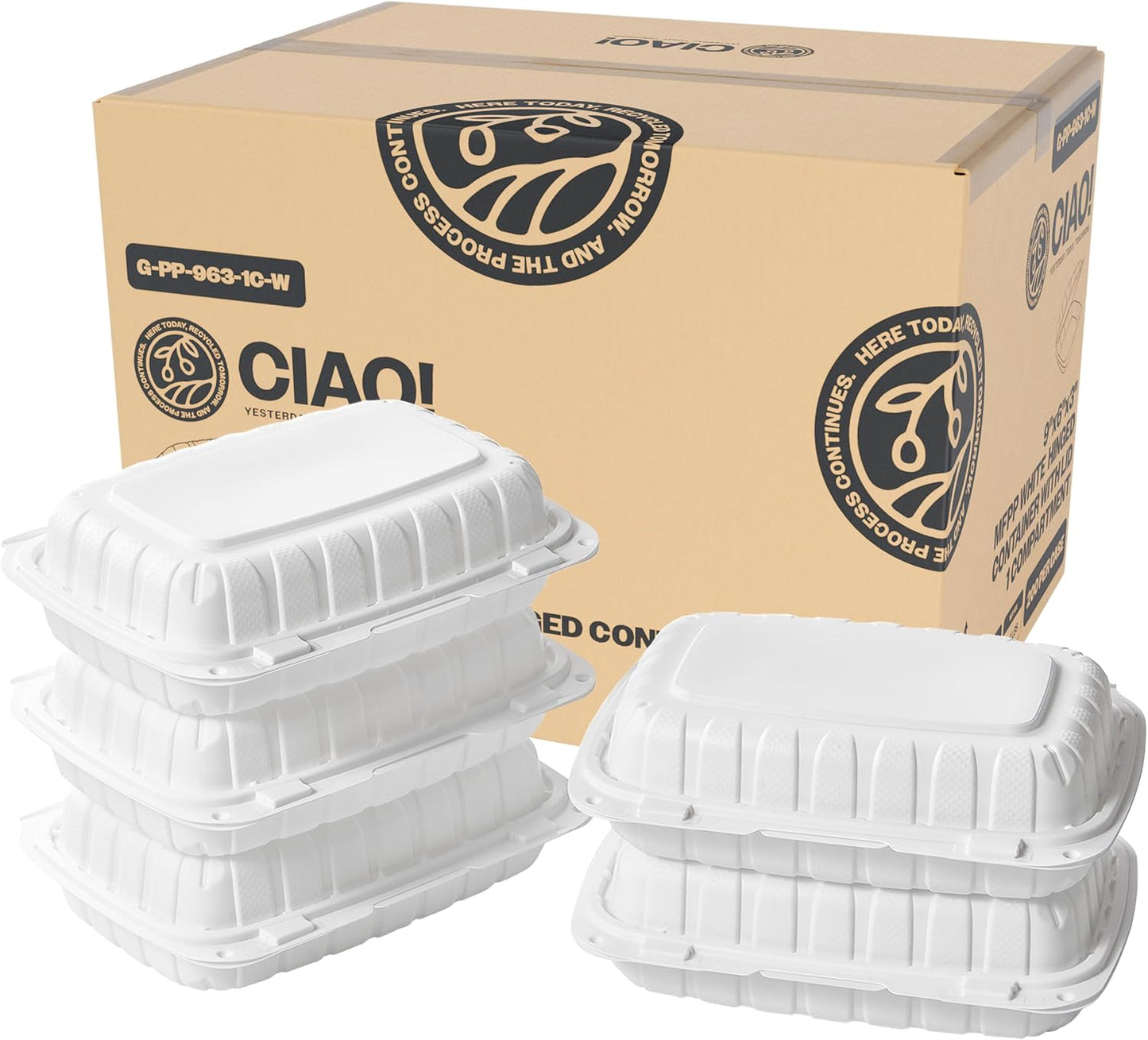 CIAO! 9x6x3 MFPP White Hinged Container for Takeout Meals