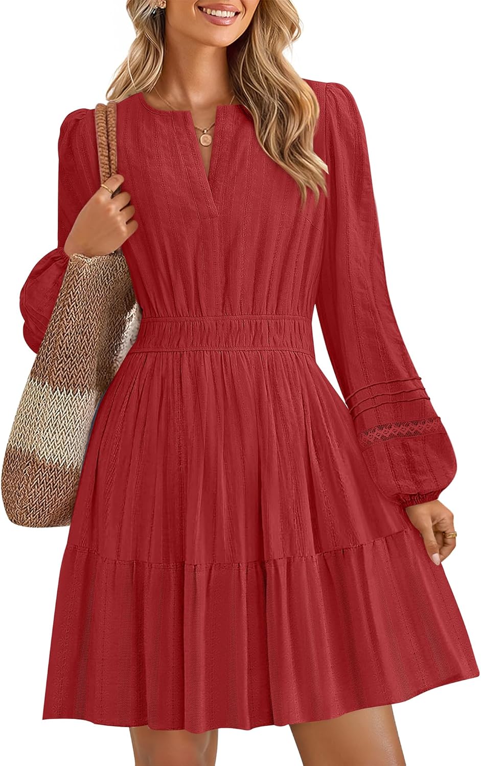 ZESICA Long Sleeve V Neck Mini Dress for Women - Fall Style