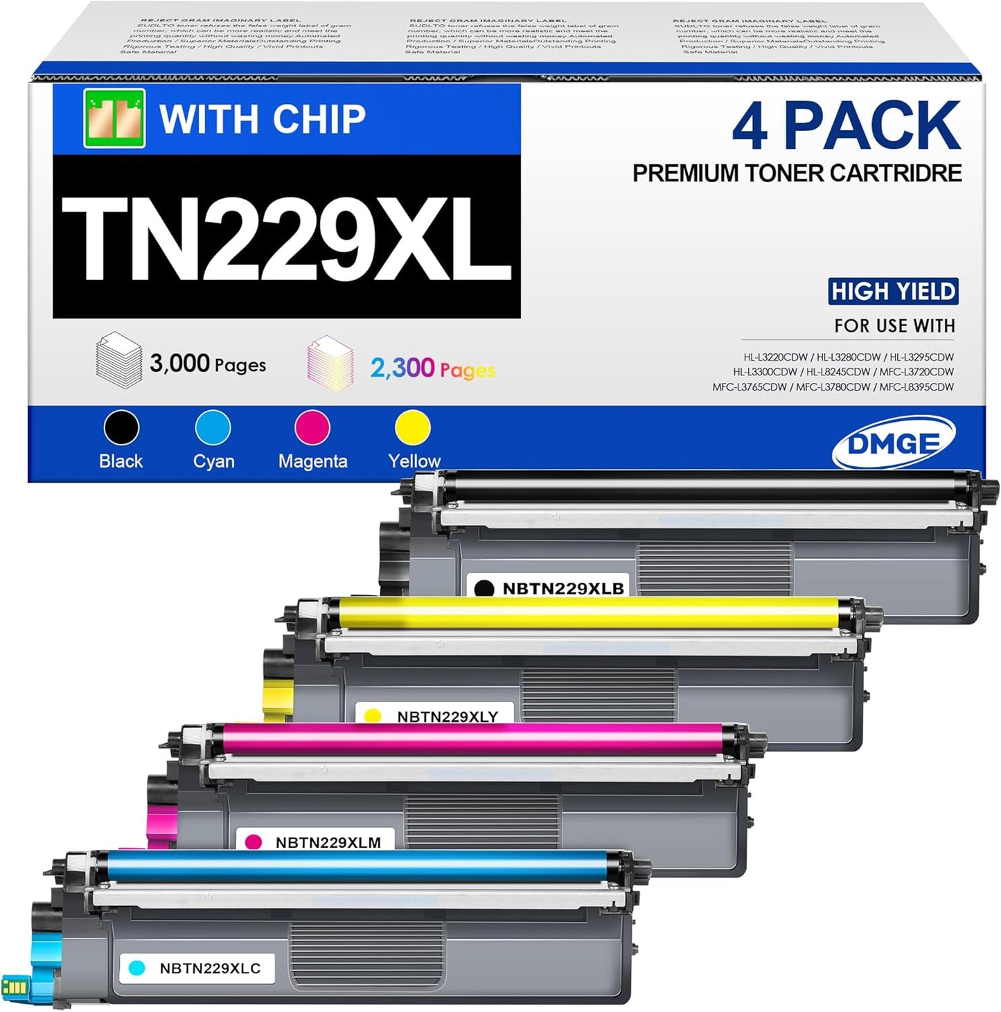 High Yield TN229XL Toner 4 Pack for Brother Printers