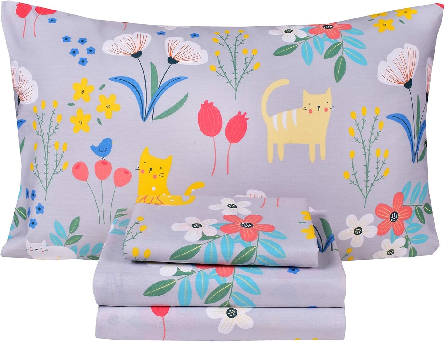 Scientific Sleep Kitty Cats Flowers Twin Bed Sheet Set for Kids