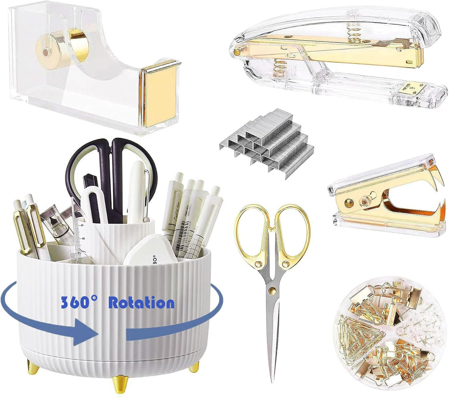 360-Degree Rotating Gold Desk Set: Stay Organized!