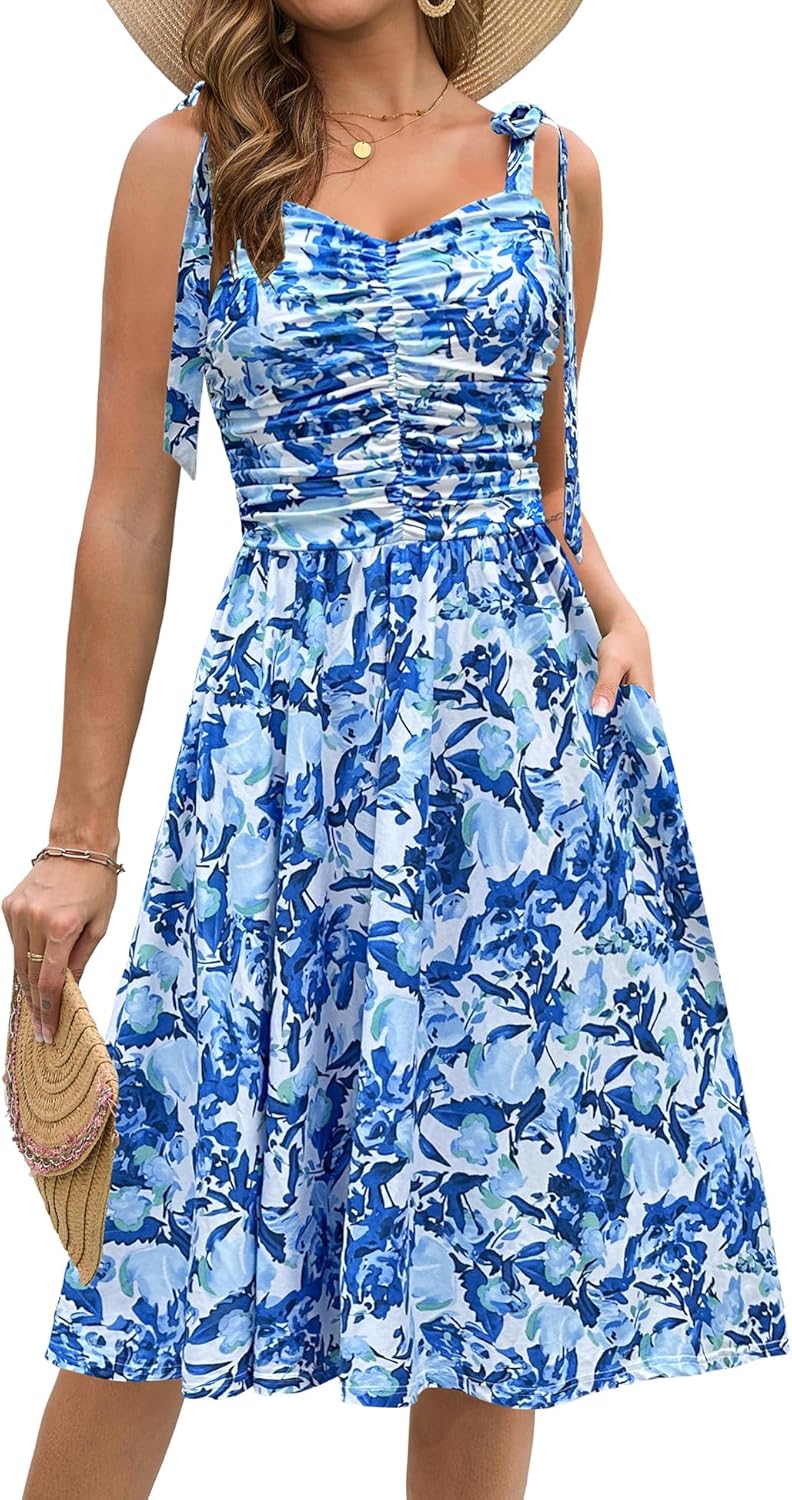 Kranda Women Summer Fall Ruched Midi Dress with Pockets