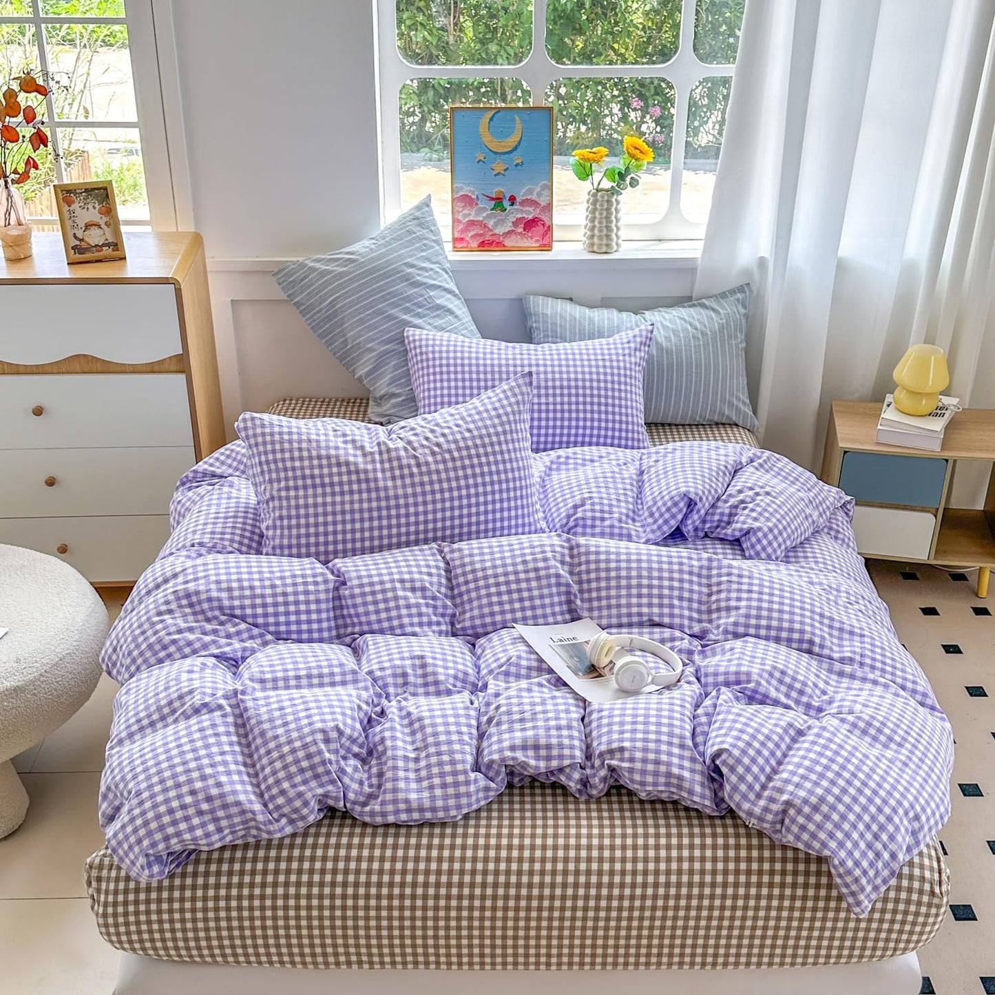 Mucalis Purple Gingham Duvet Cover Set for Queen Beds
