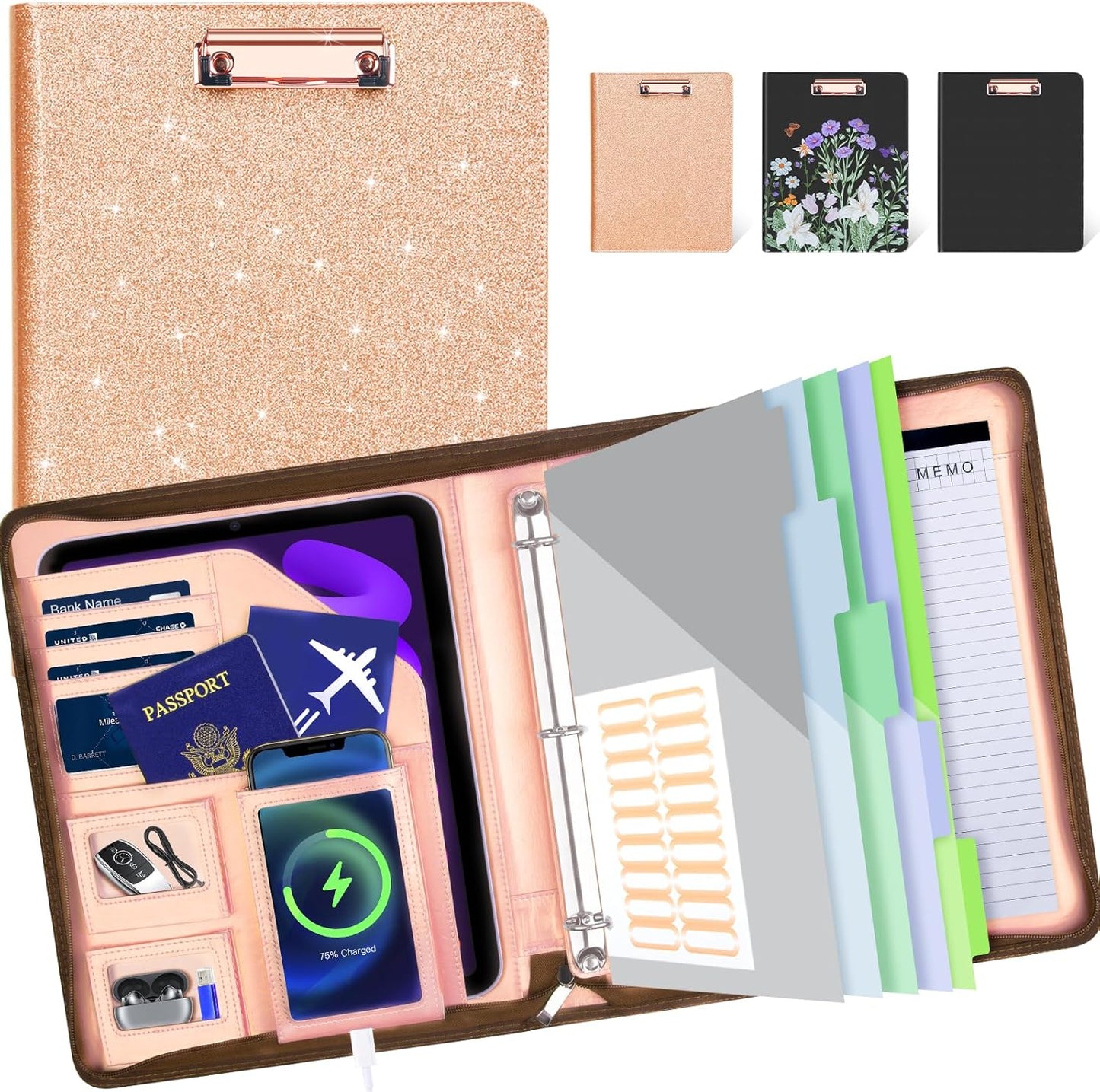 Leather Padfolio Portfolio with Clipboard and 3 Ring Binder