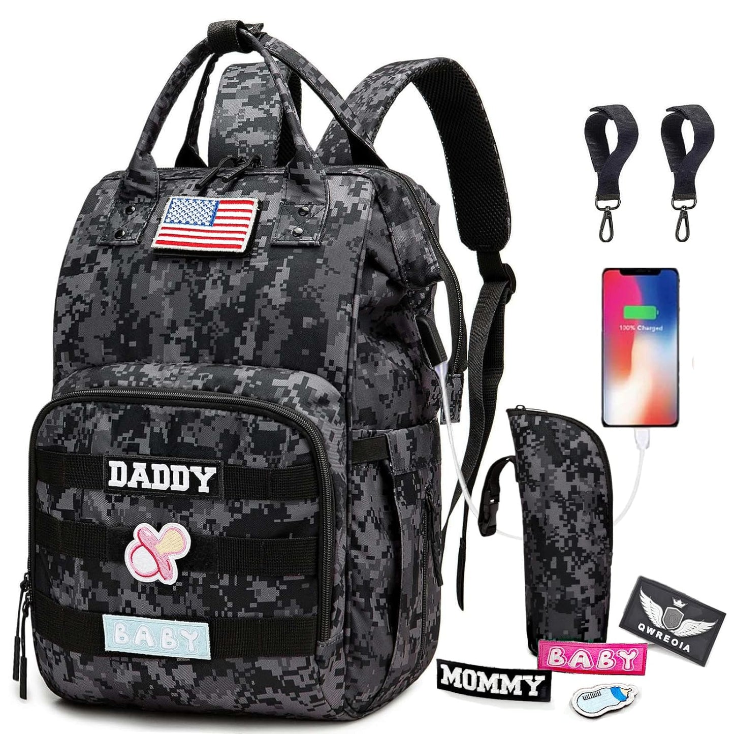 Camo Diaper Bag Backpack with USB Charging Port and Pockets