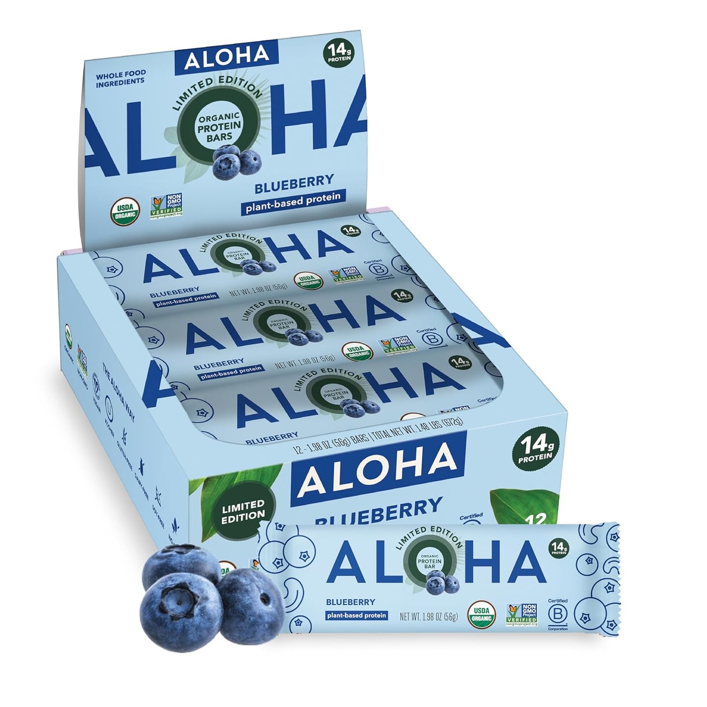 ALOHA Organic Plant Based Protein Bars - Delicious Blueberry Snack