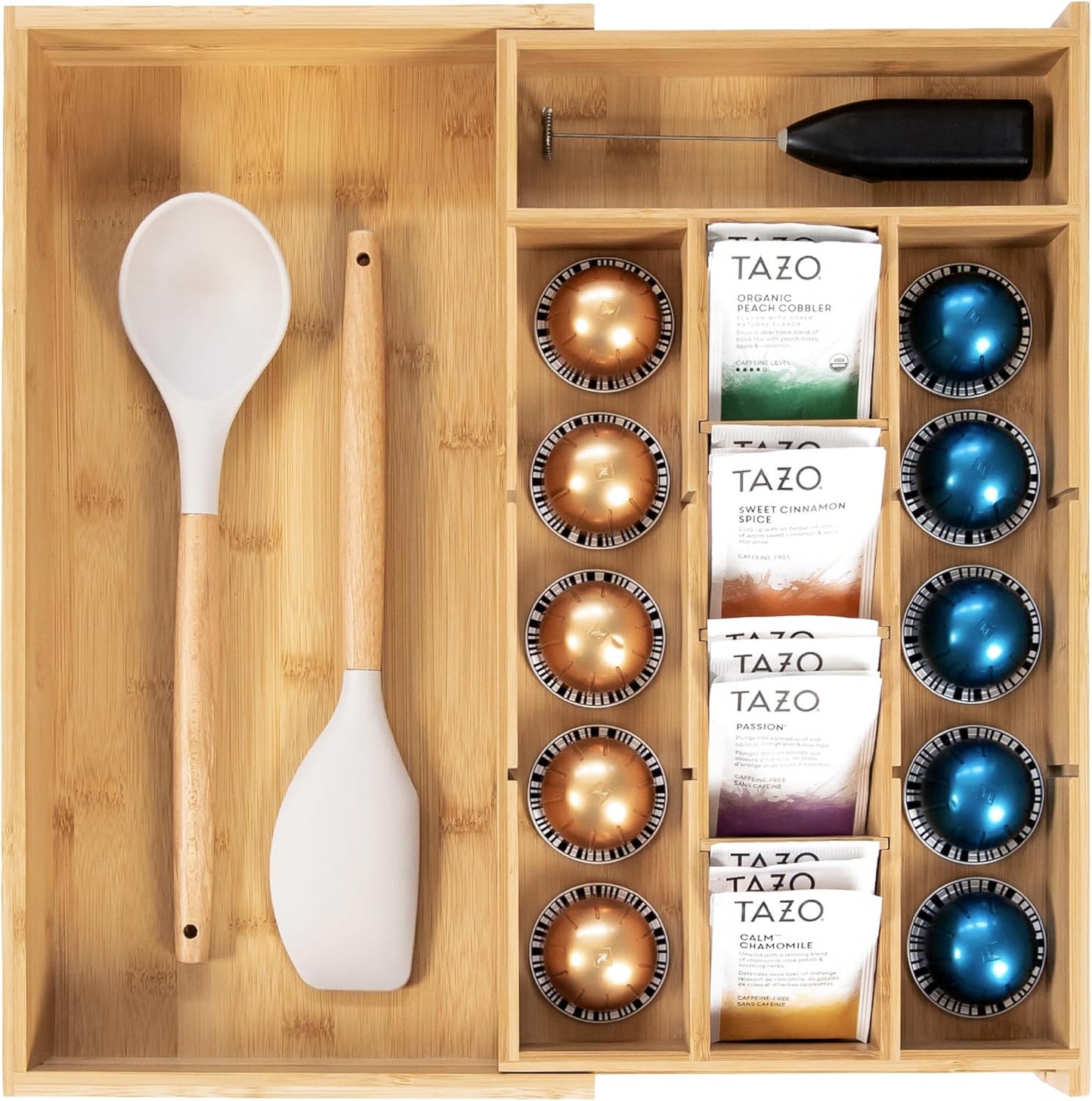 Expandable Tea Bag and Coffee Pod Organizer for Kitchen Drawers