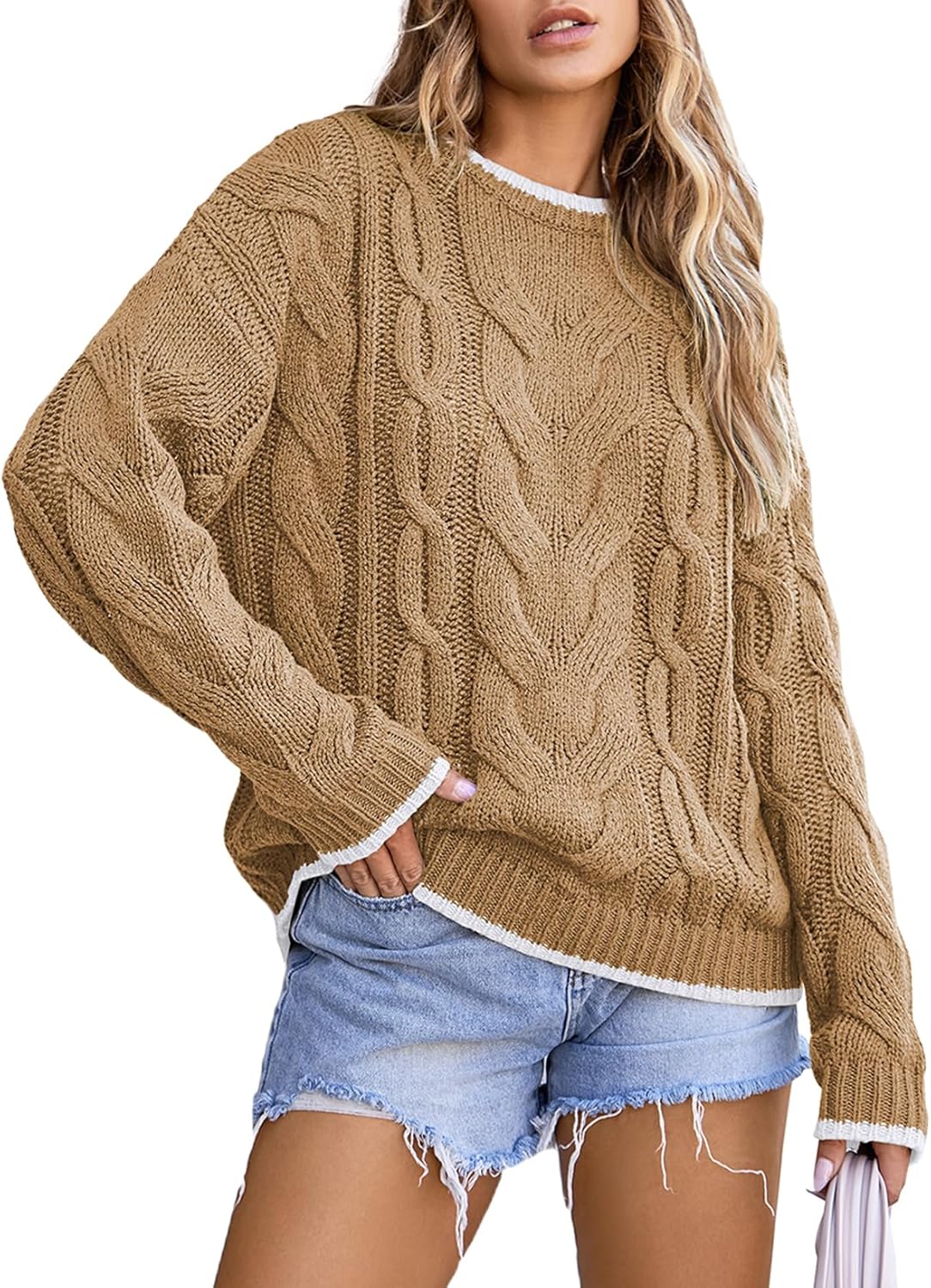 Trendy Crewneck Long Sleeve Color Block Sweater for Women