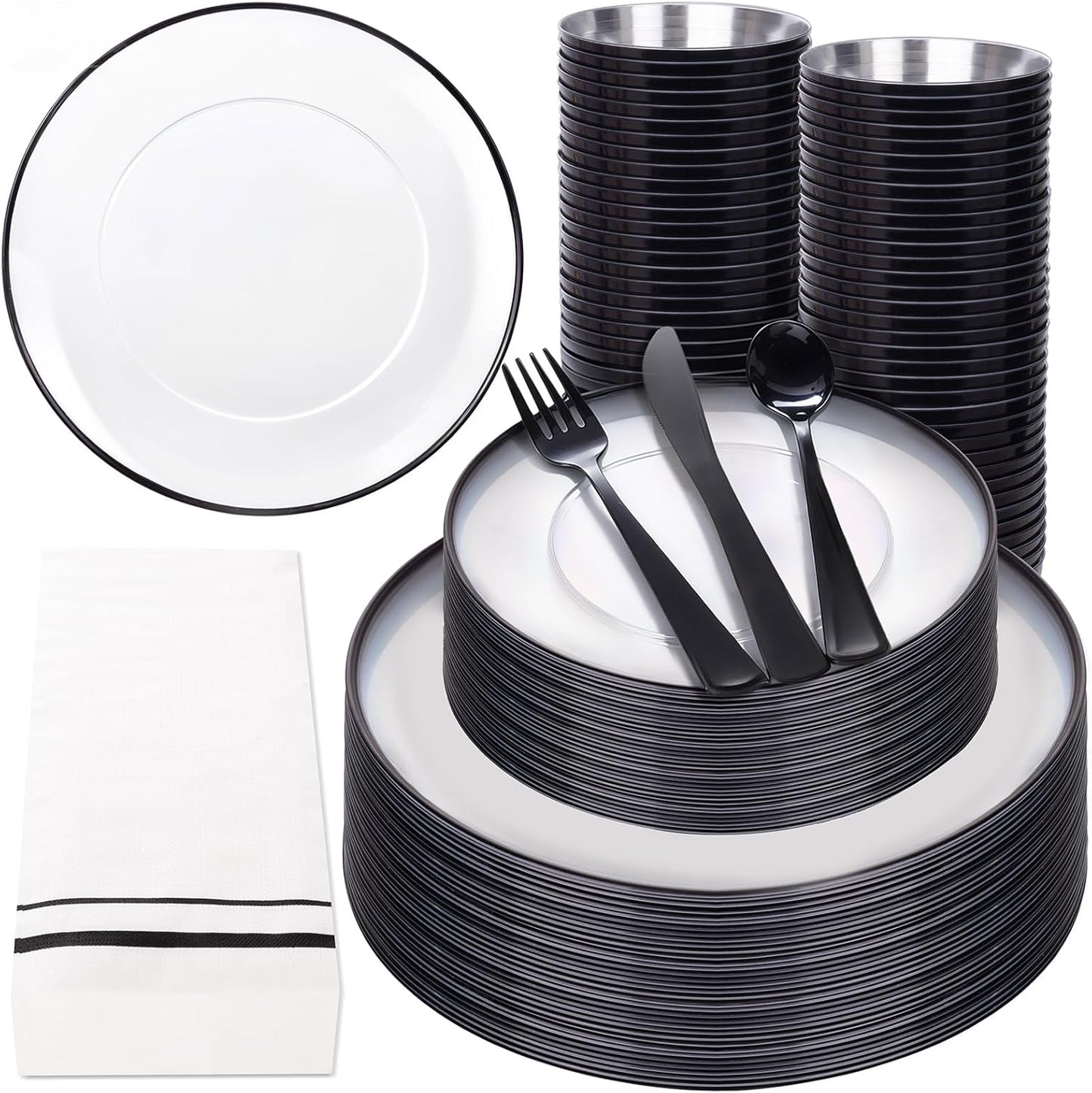 NOCCUR 350PCS Clear and Black Plastic Plates for 50 Guests