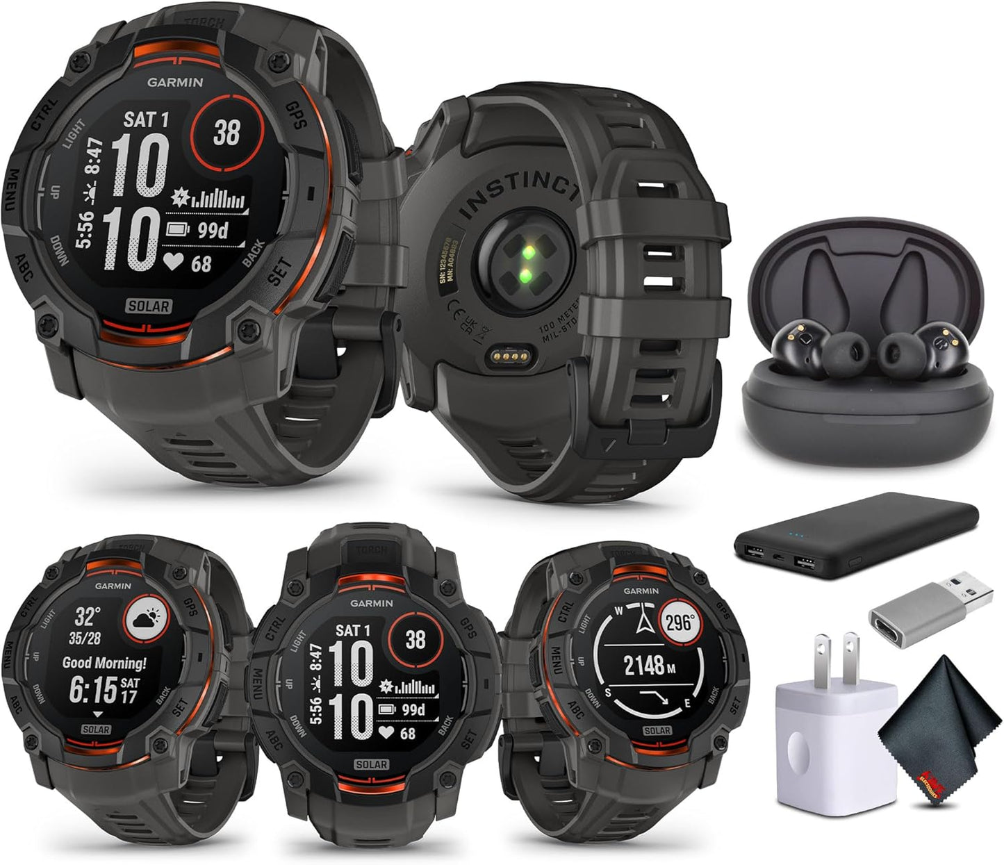 Garmin Instinct 3 Rugged Outdoor GPS Smartwatch with Earbuds