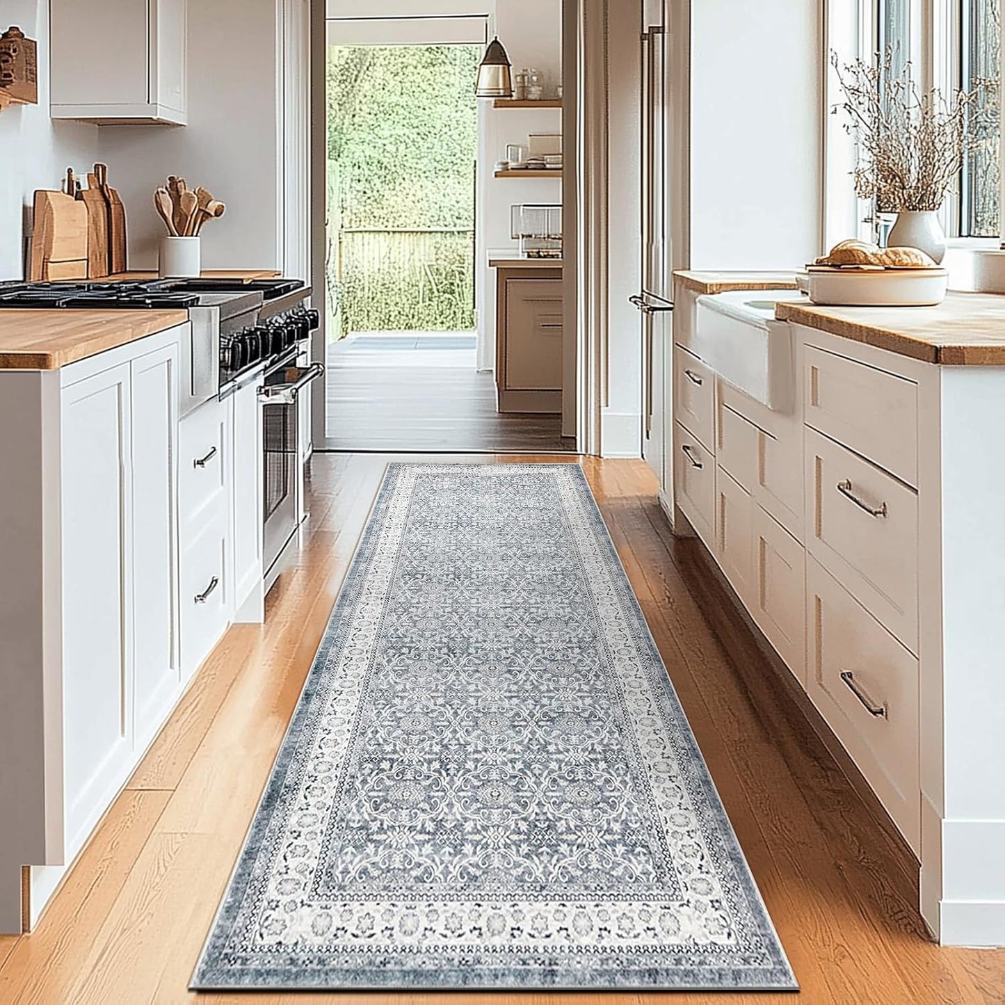 Grey Vintage Floral Distressed Design Hallway Runner Rug 2x10
