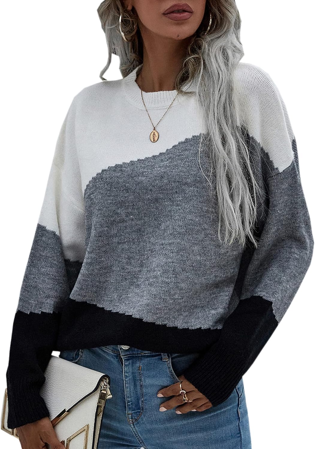 ECOWISH Women Sweater Long Sleeve Color Block Knit Pullover
